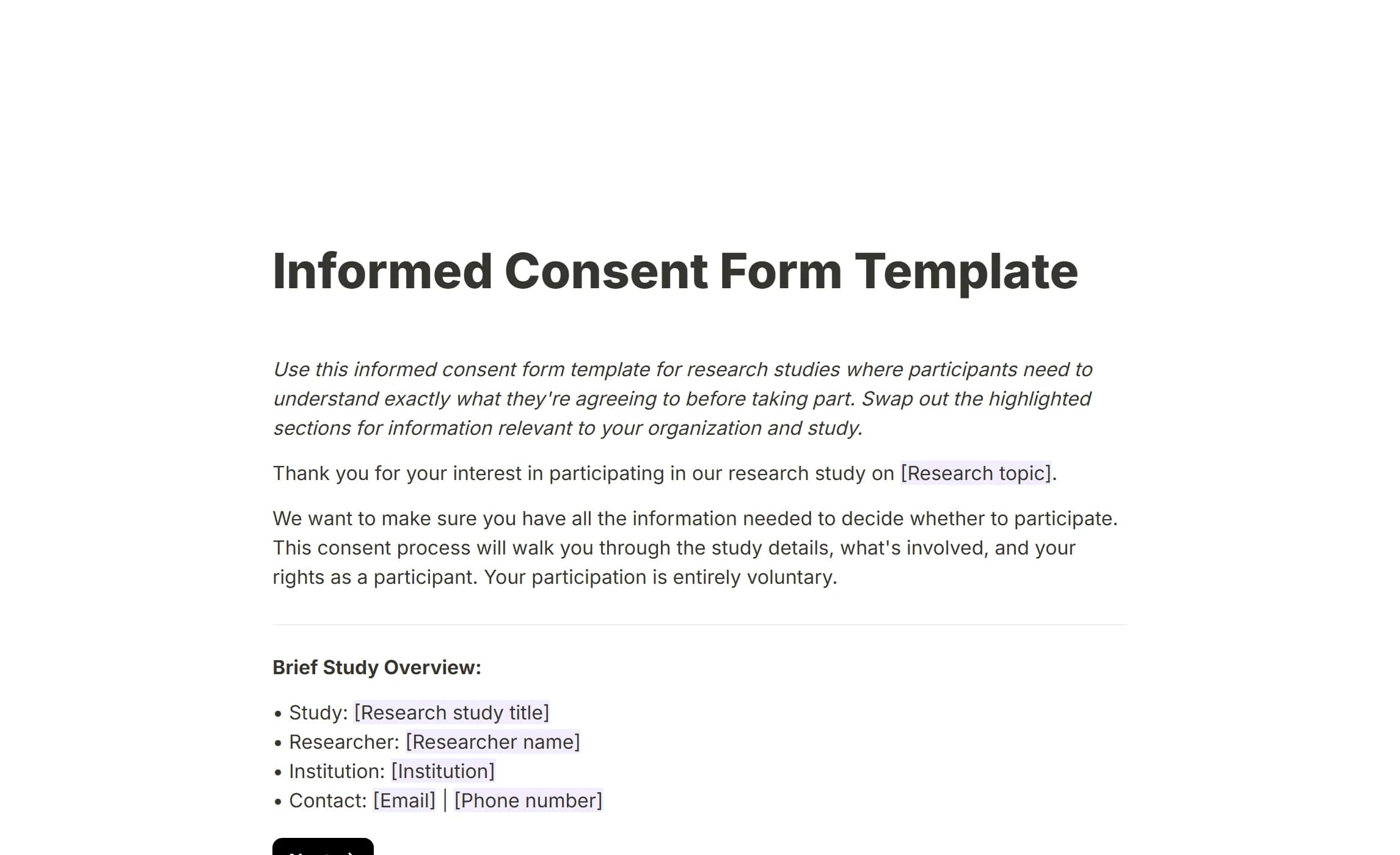 The informed consent template, its study details in bracketed placeholders