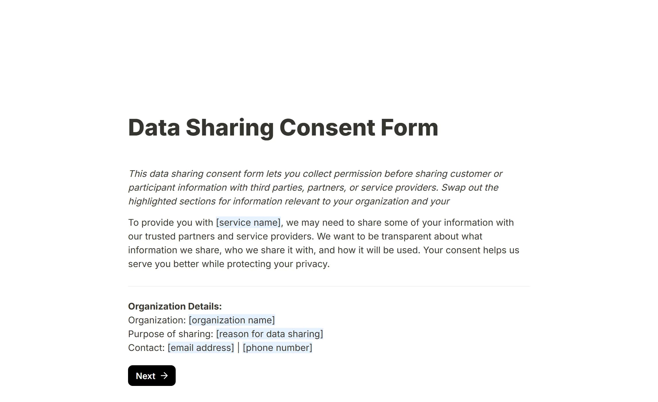 The data sharing consent template