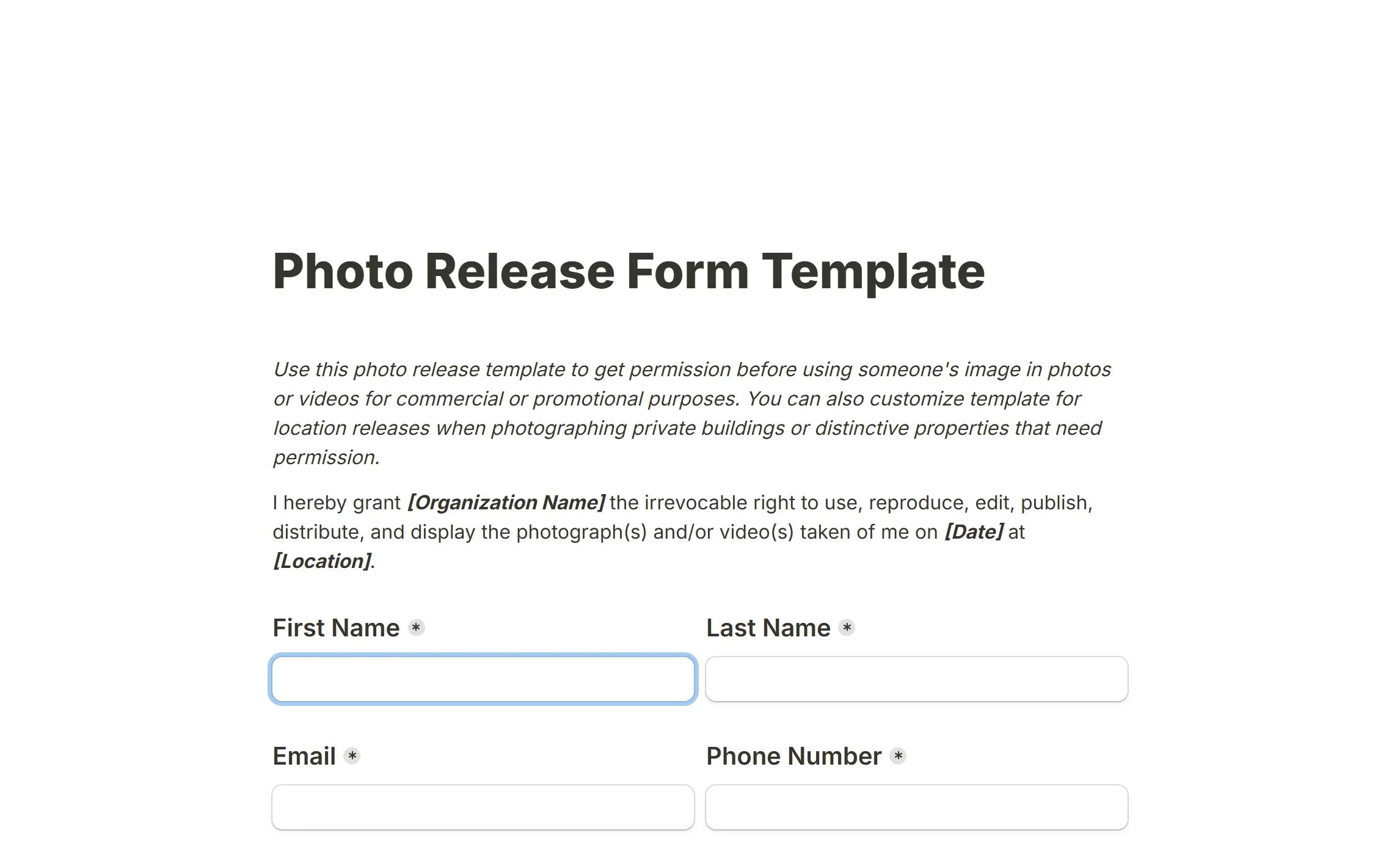 The photo release template, its name and contact fields in two columns