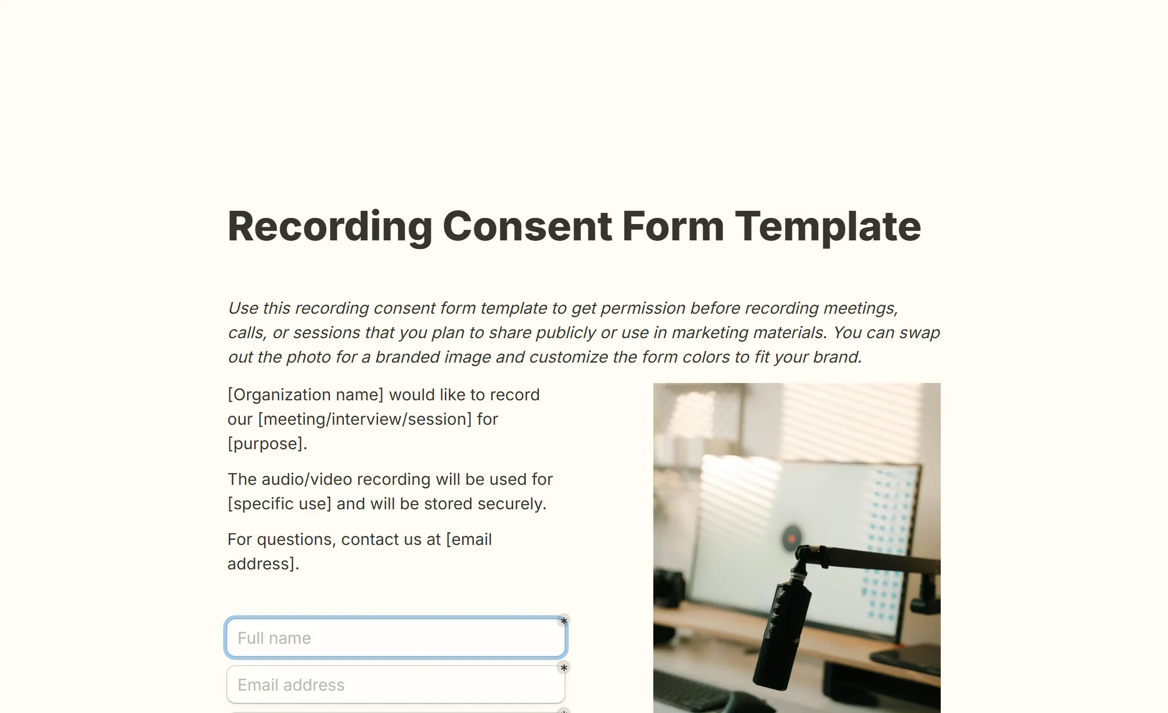 The recording consent template, with a photo beside its fields