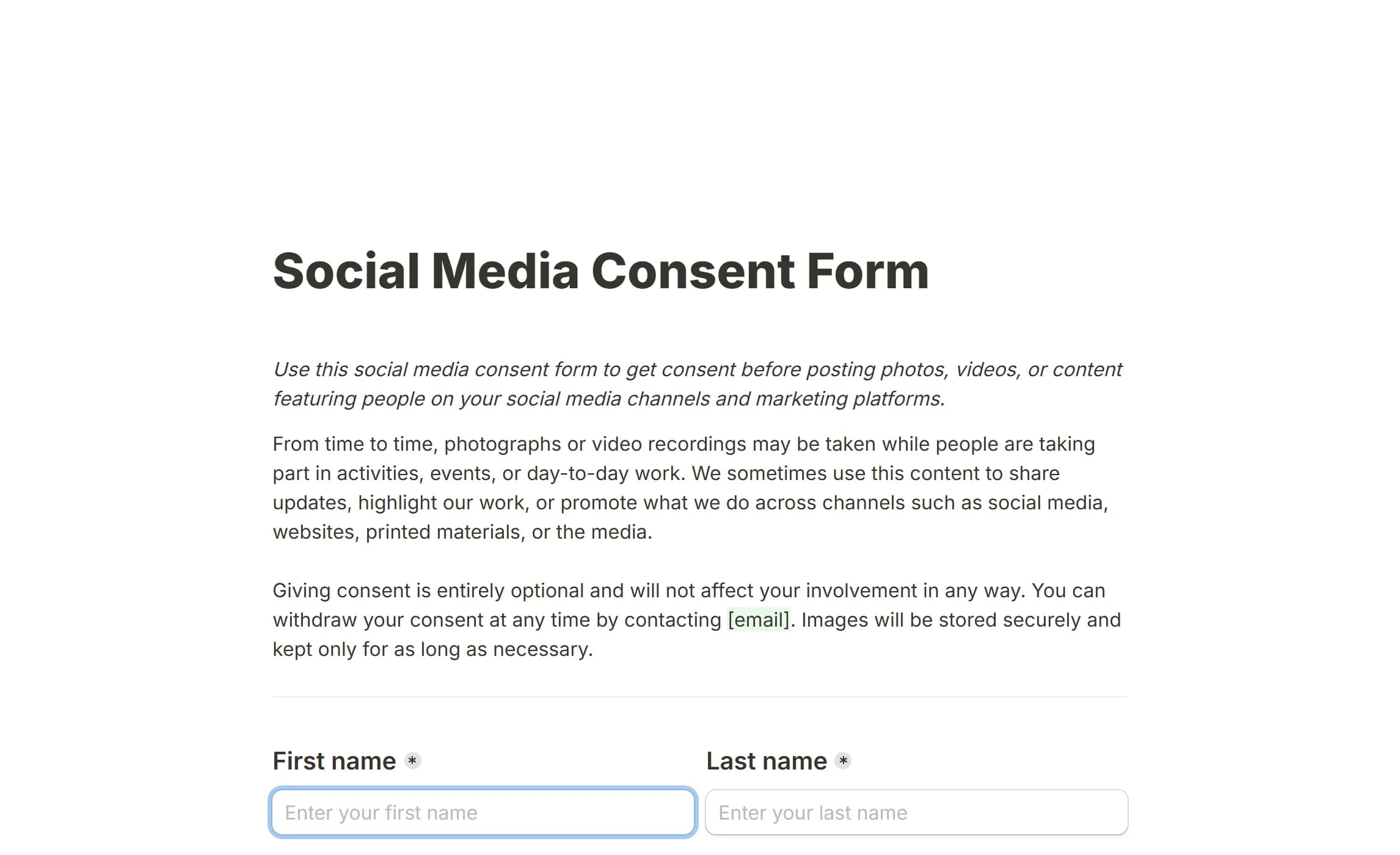 The social media consent template and its two acknowledgements