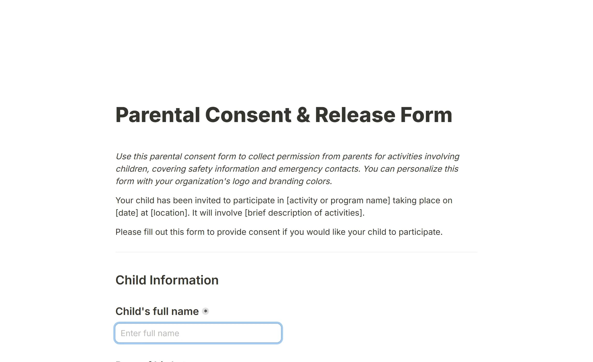 The parental consent template, with the child’s details and a date