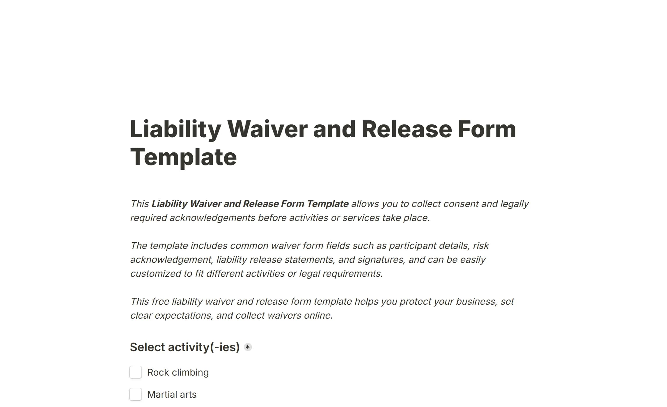 The liability waiver template, its activity list and participant details