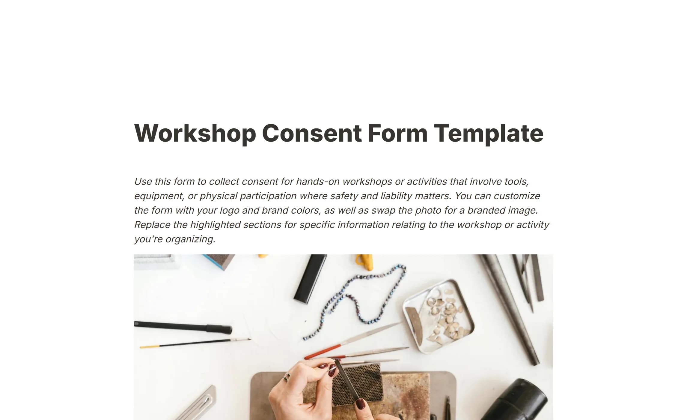 The workshop consent template, with a craft photo above its fields