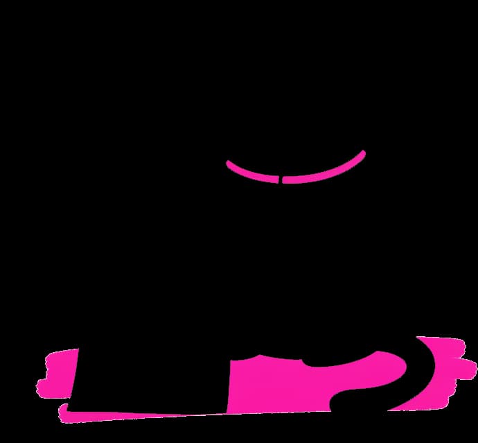 A drawing of a cat holding a pen beside a signed sheet on a pink brush stroke, a ticked box above it