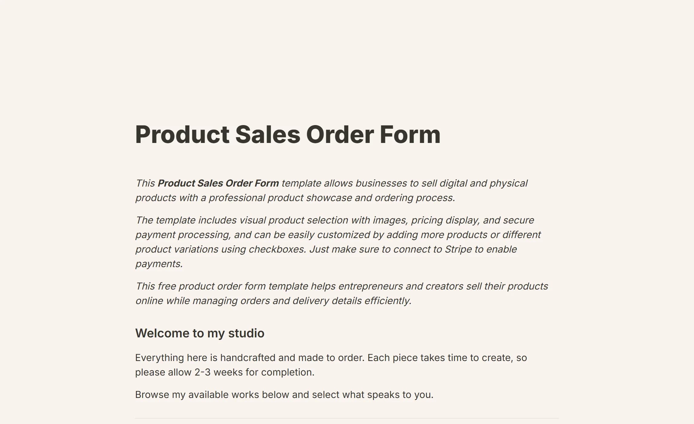 The product sales order template, its two items side by side