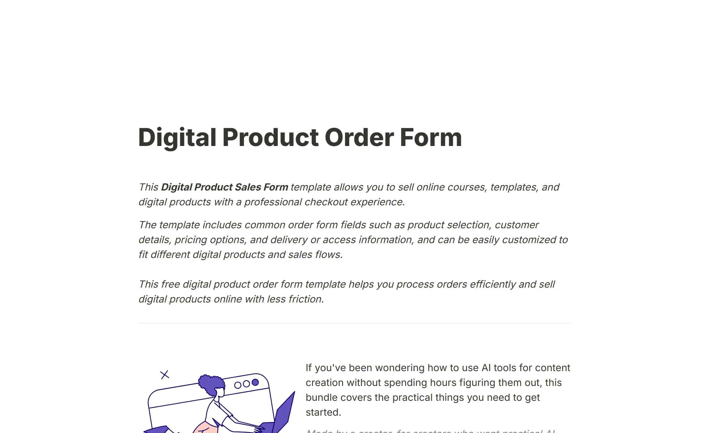 The digital product order template and its price