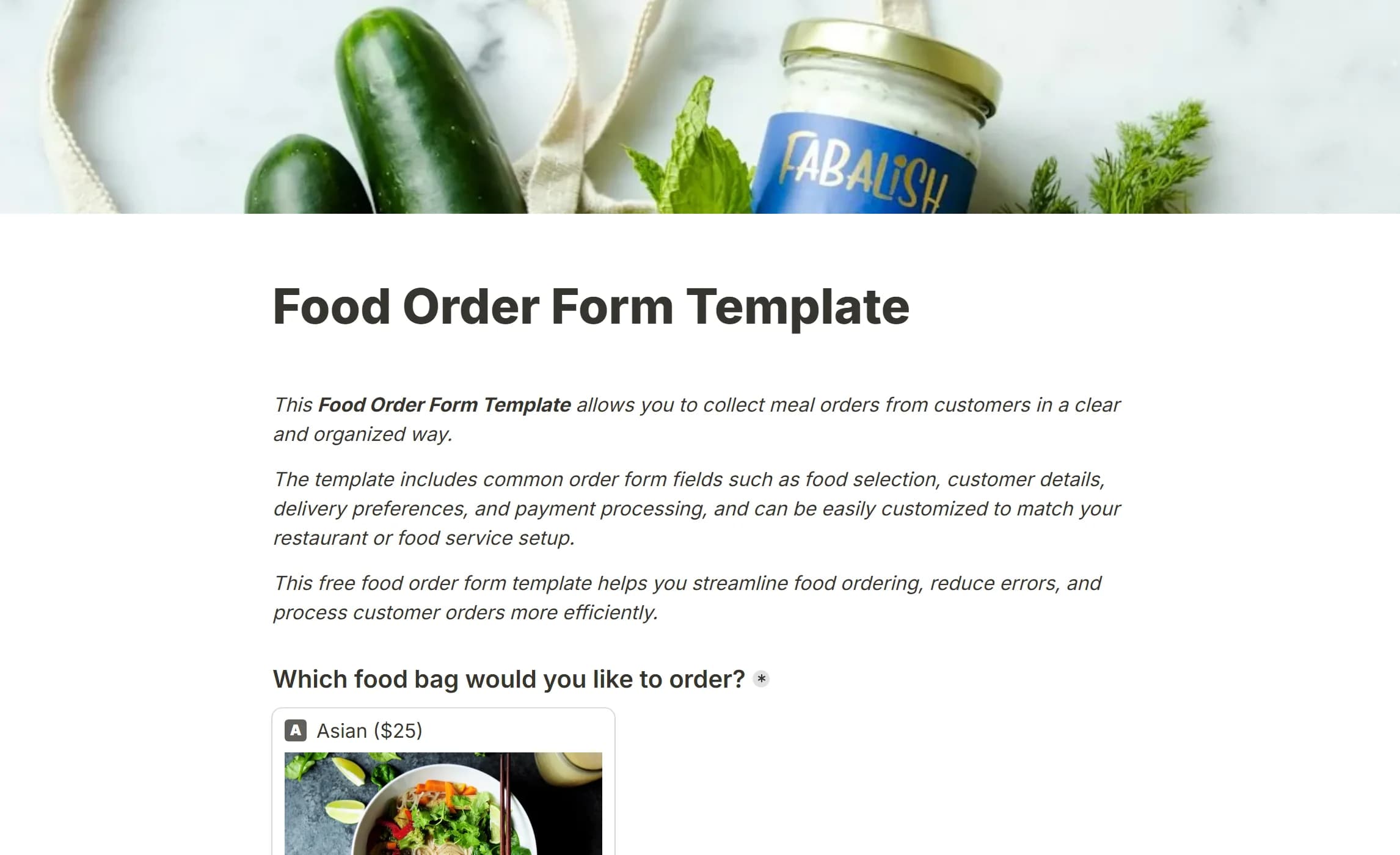 The food order template, its options carrying photos