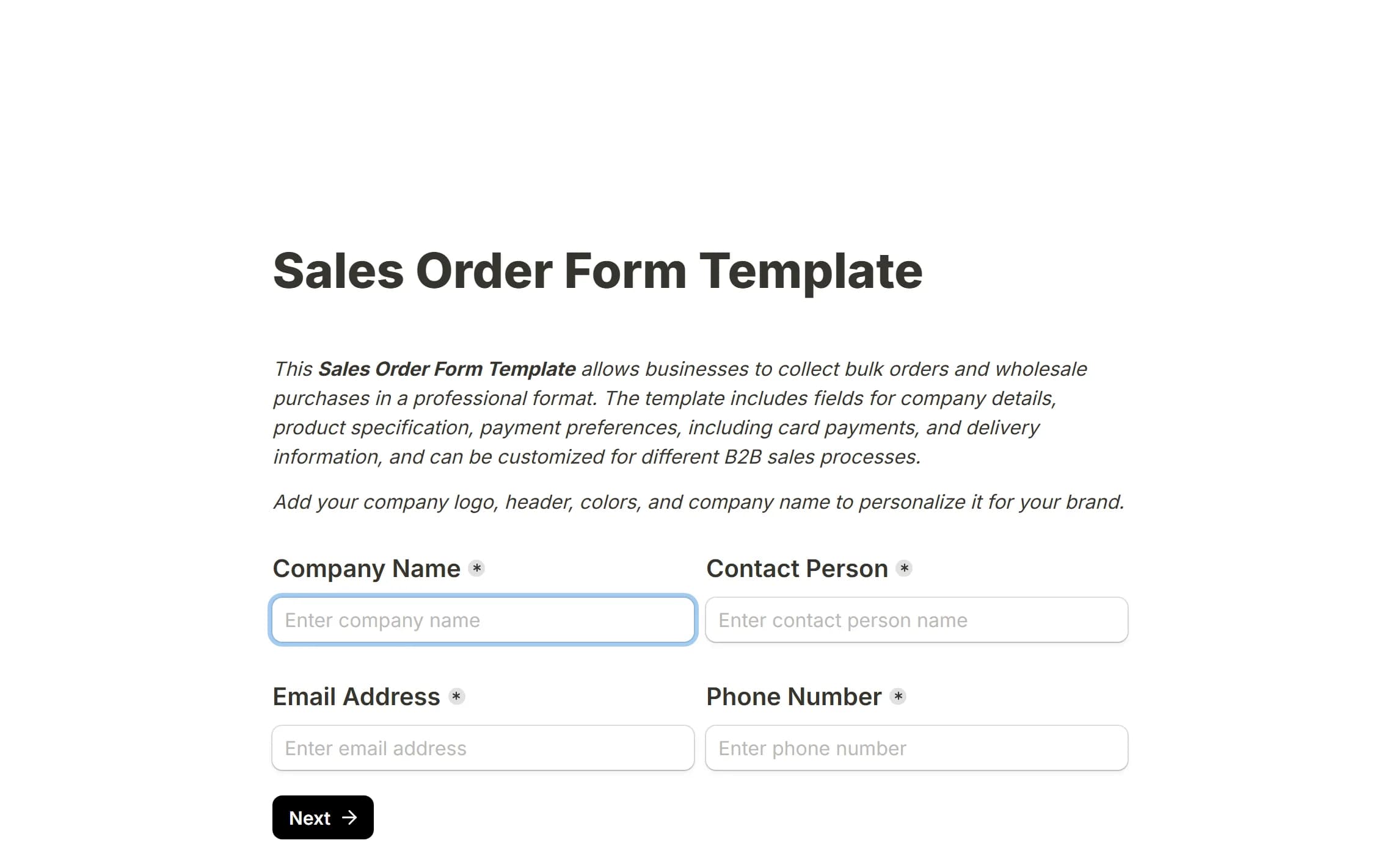 The sales order template, its company and contact fields in two columns