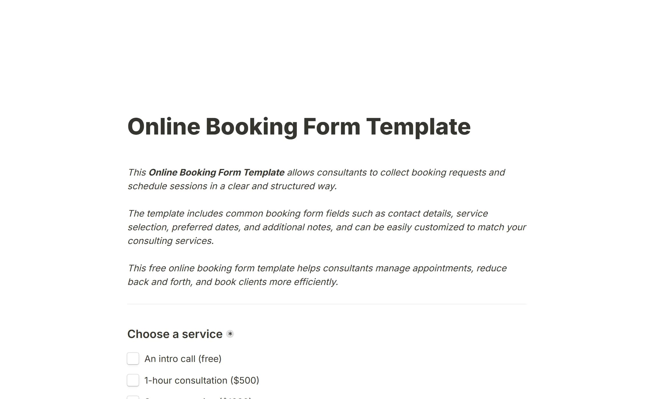 The online booking template, with a service chosen and a subtotal