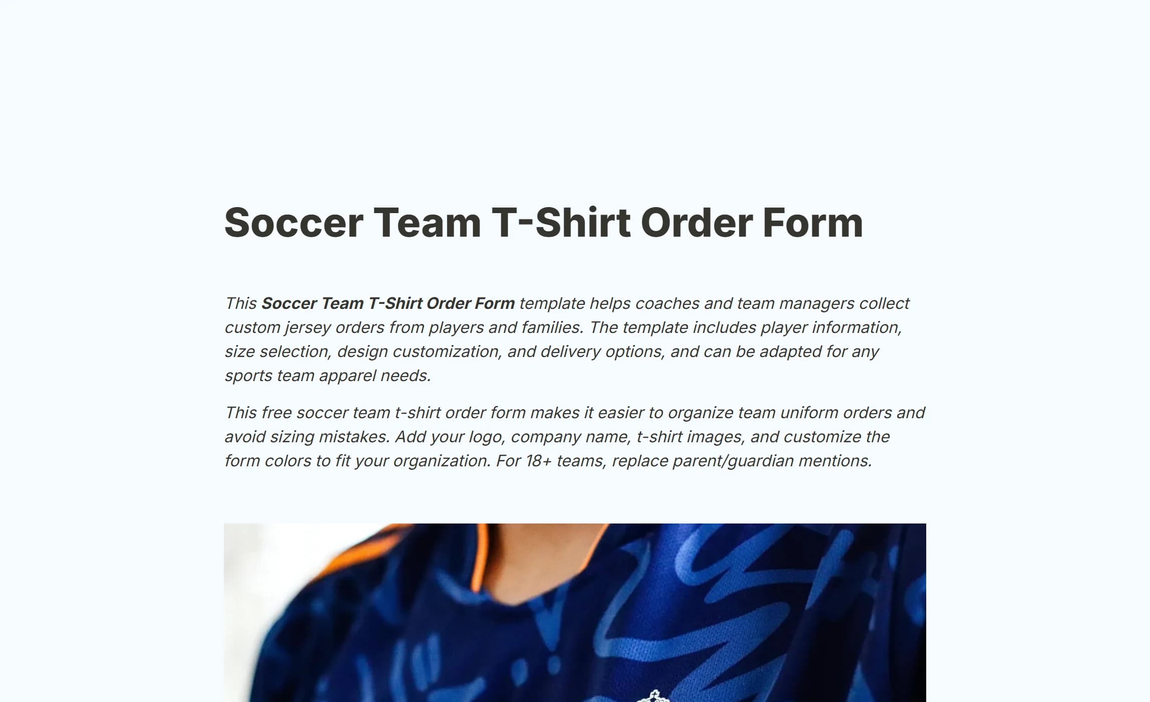 The soccer team shirt order template, with a jersey photo