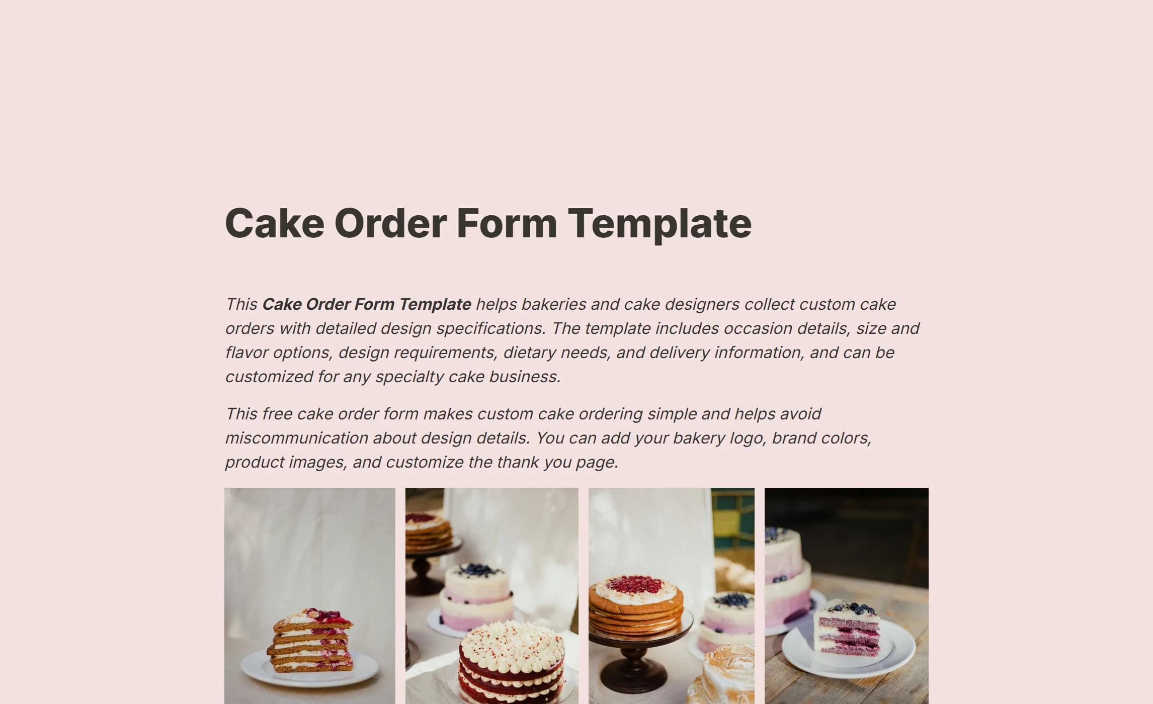 The cake order template, its four photographs in one row
