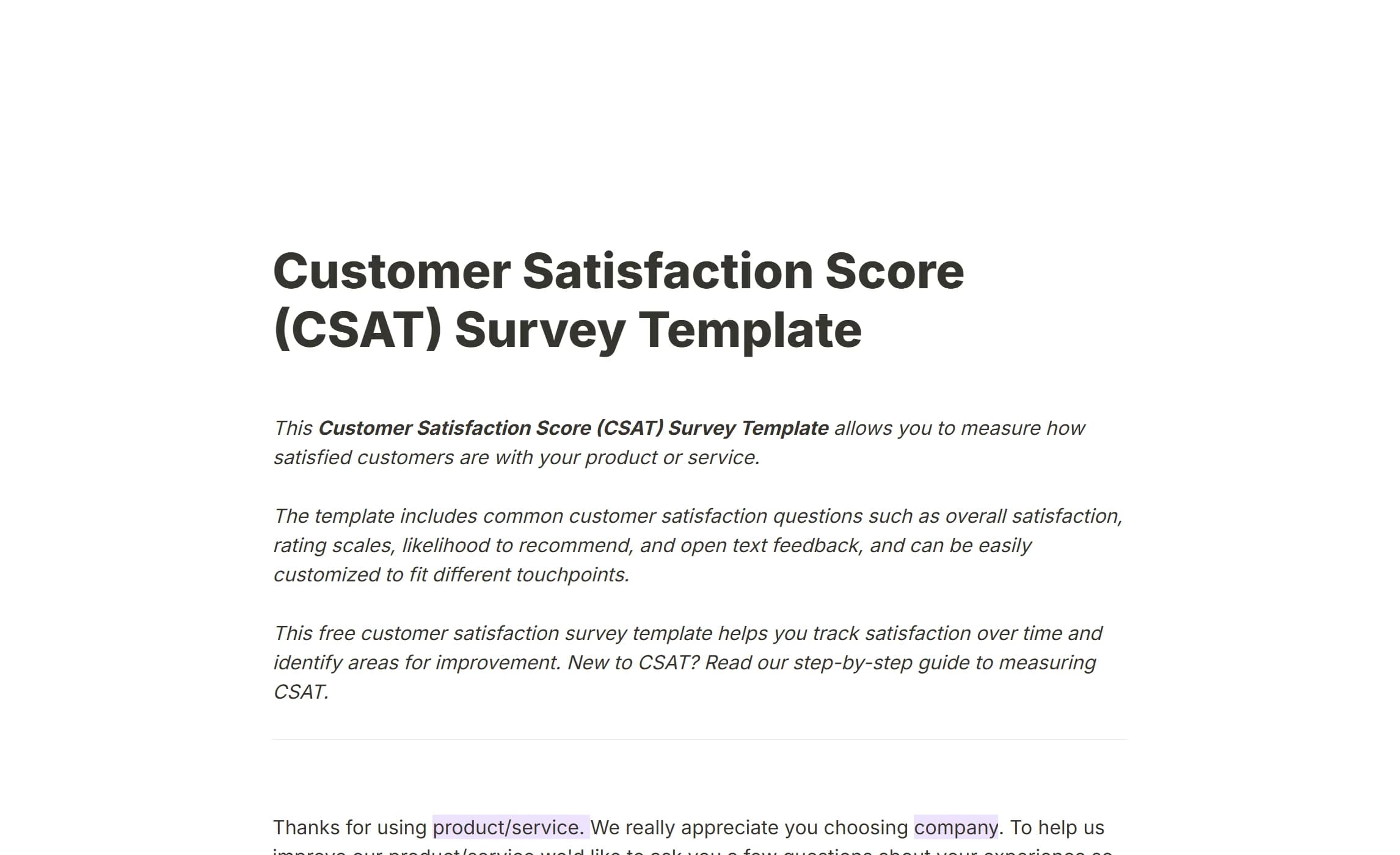 The Customer Satisfaction Score (CSAT) Survey template open in the gallery, above its first question