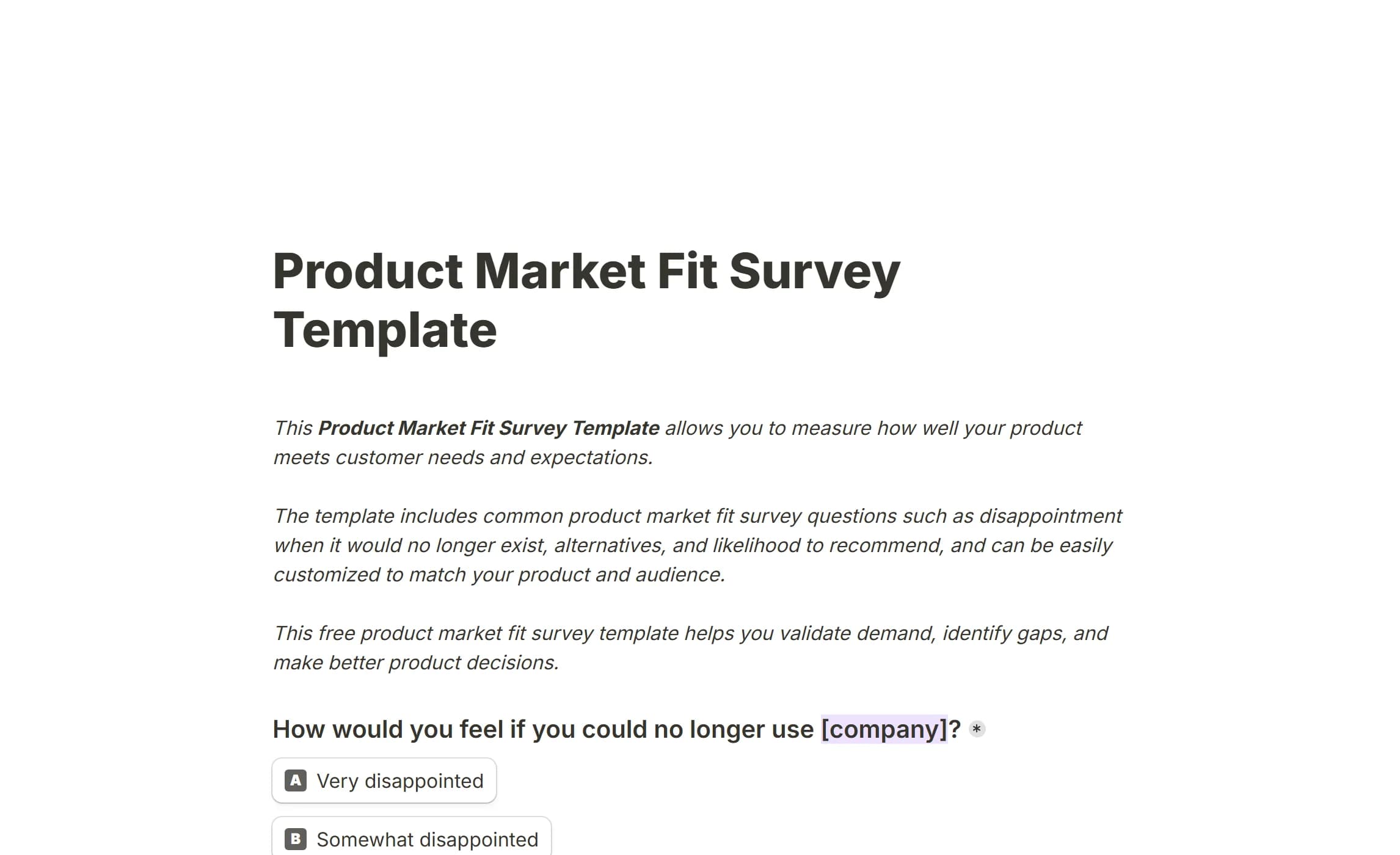 The Product Market Fit Survey template, asking how a respondent would feel if they could no longer use the product