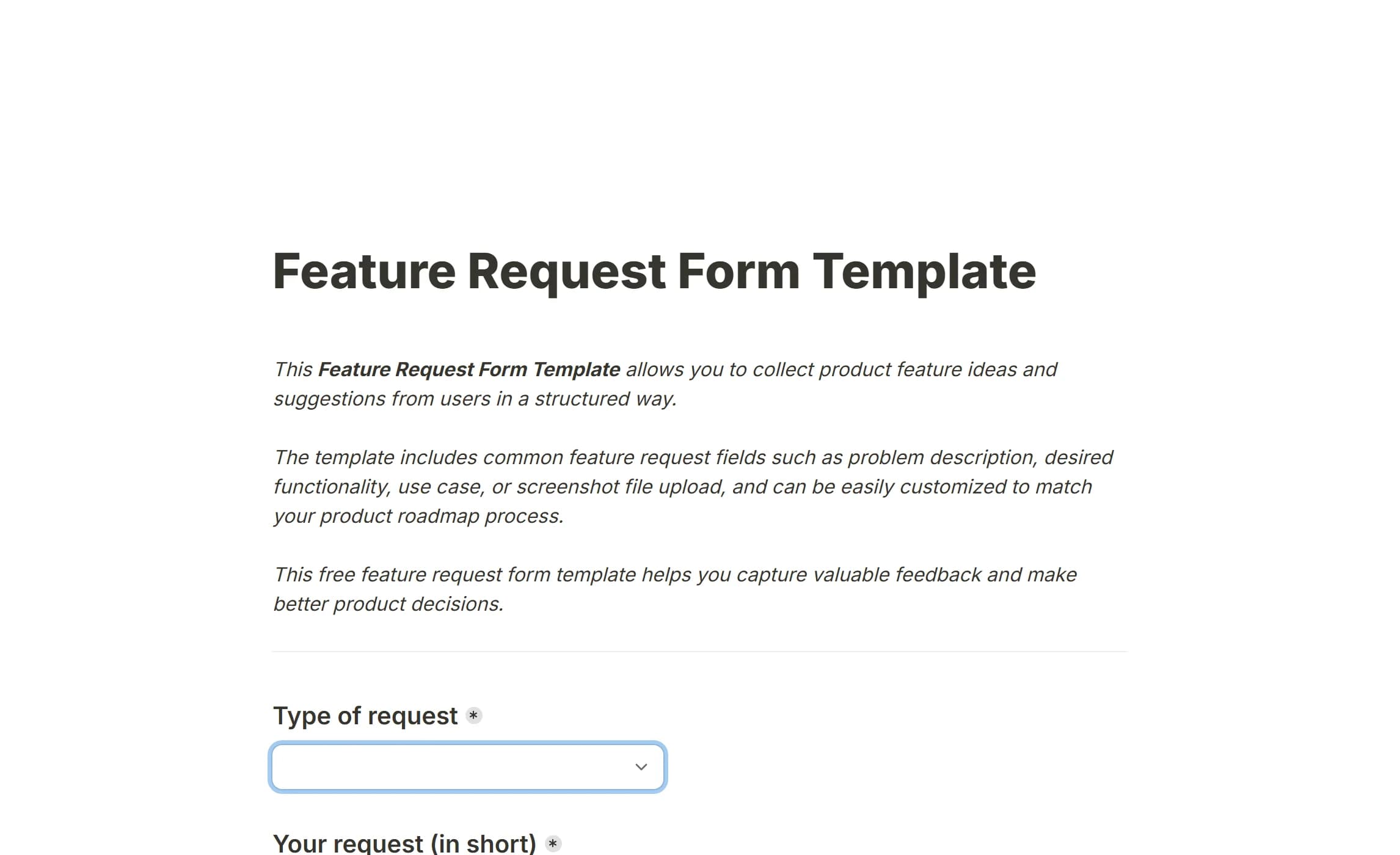 The Feature Request Form template, opening on its Type of request dropdown