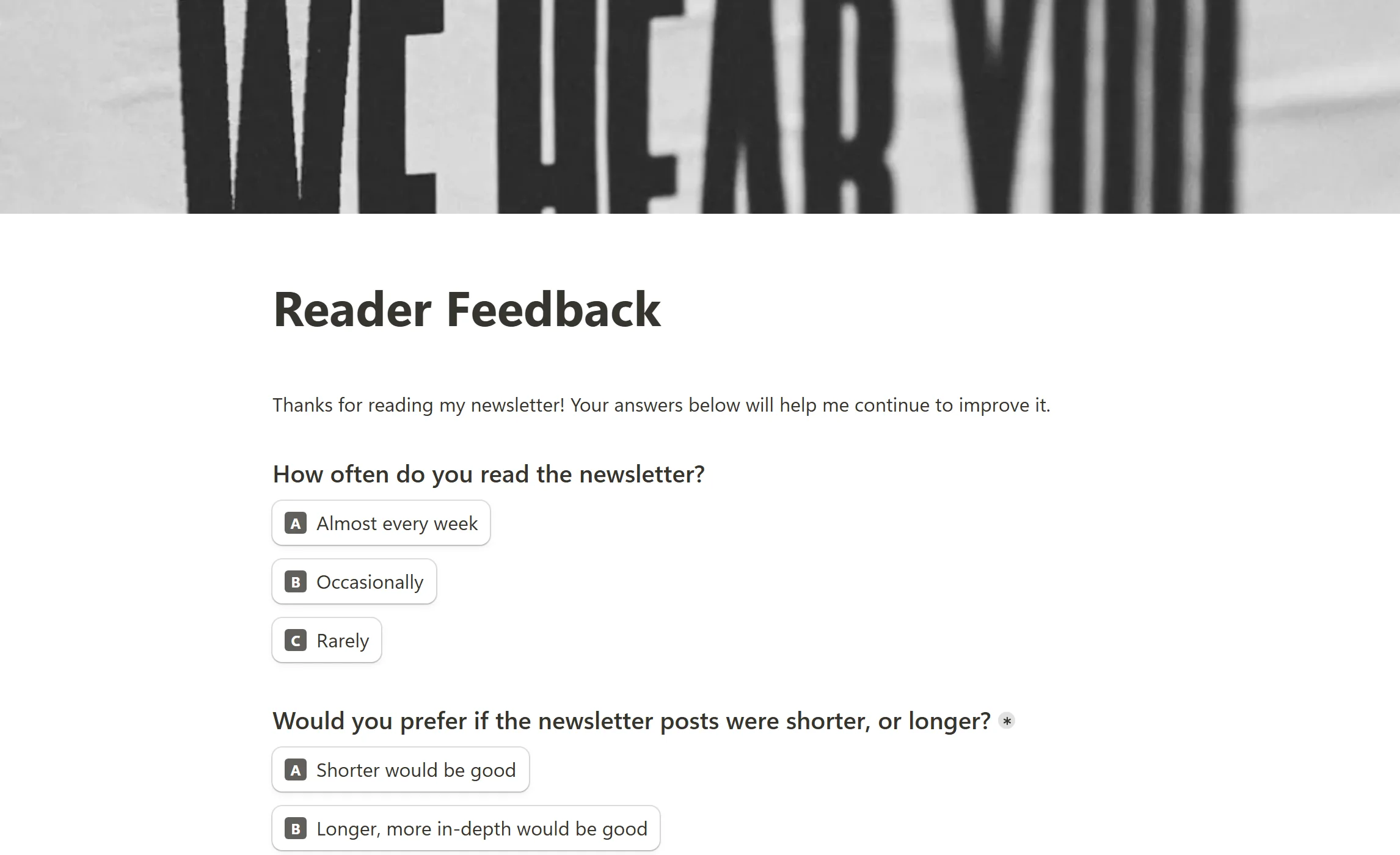 The Newsletter Feedback Survey template under its cover photo, asking how often the reader opens the newsletter