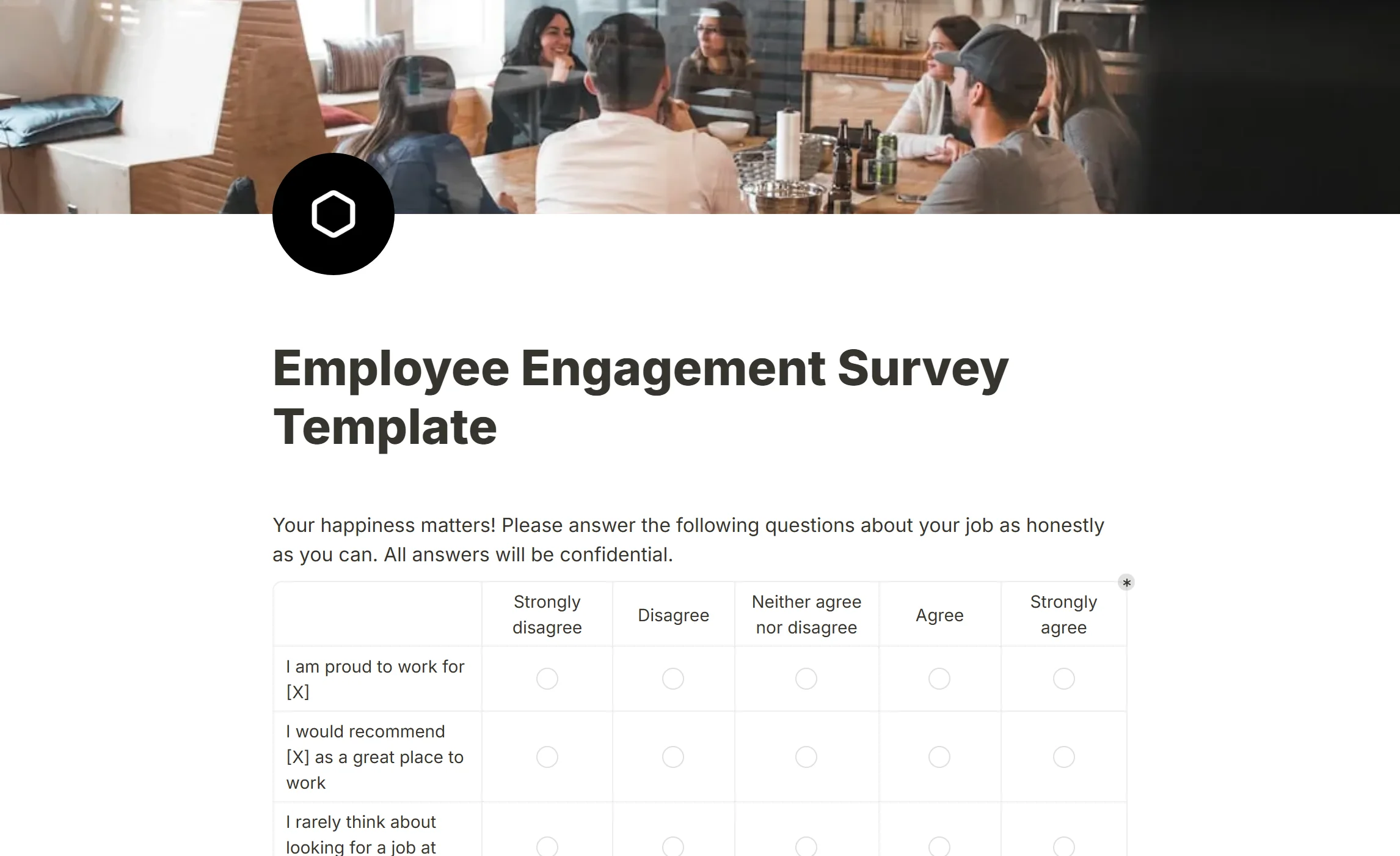 The Employee Engagement Survey template, its cover photo and logo above a matrix of agreement statements