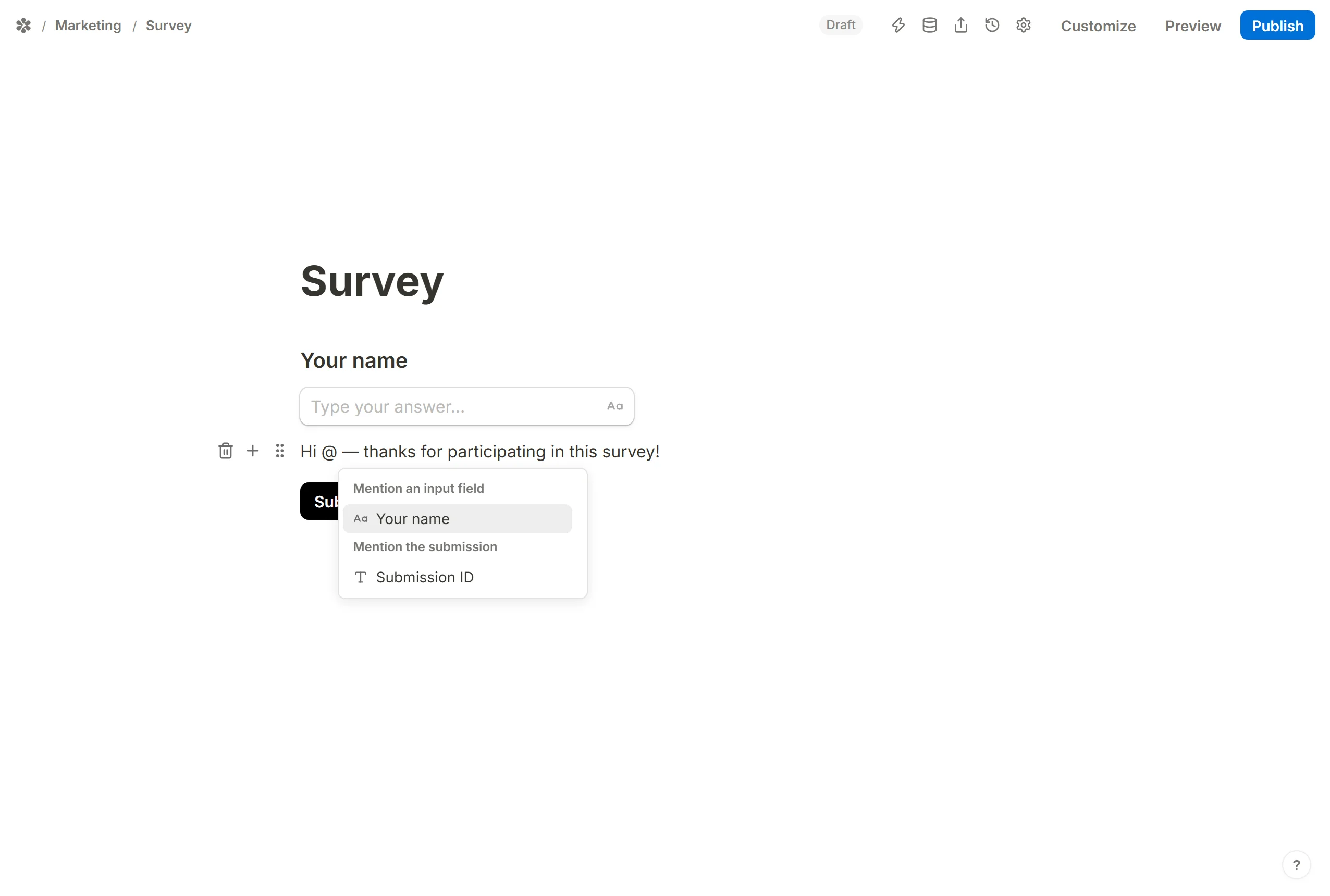 The @ menu open in a sentence on the canvas, offering the form's own name question