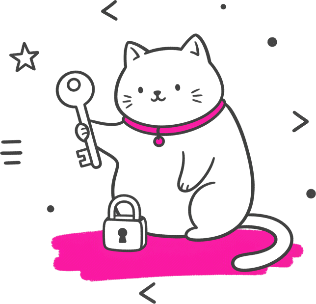 The round cat holding up a key beside a small padlock