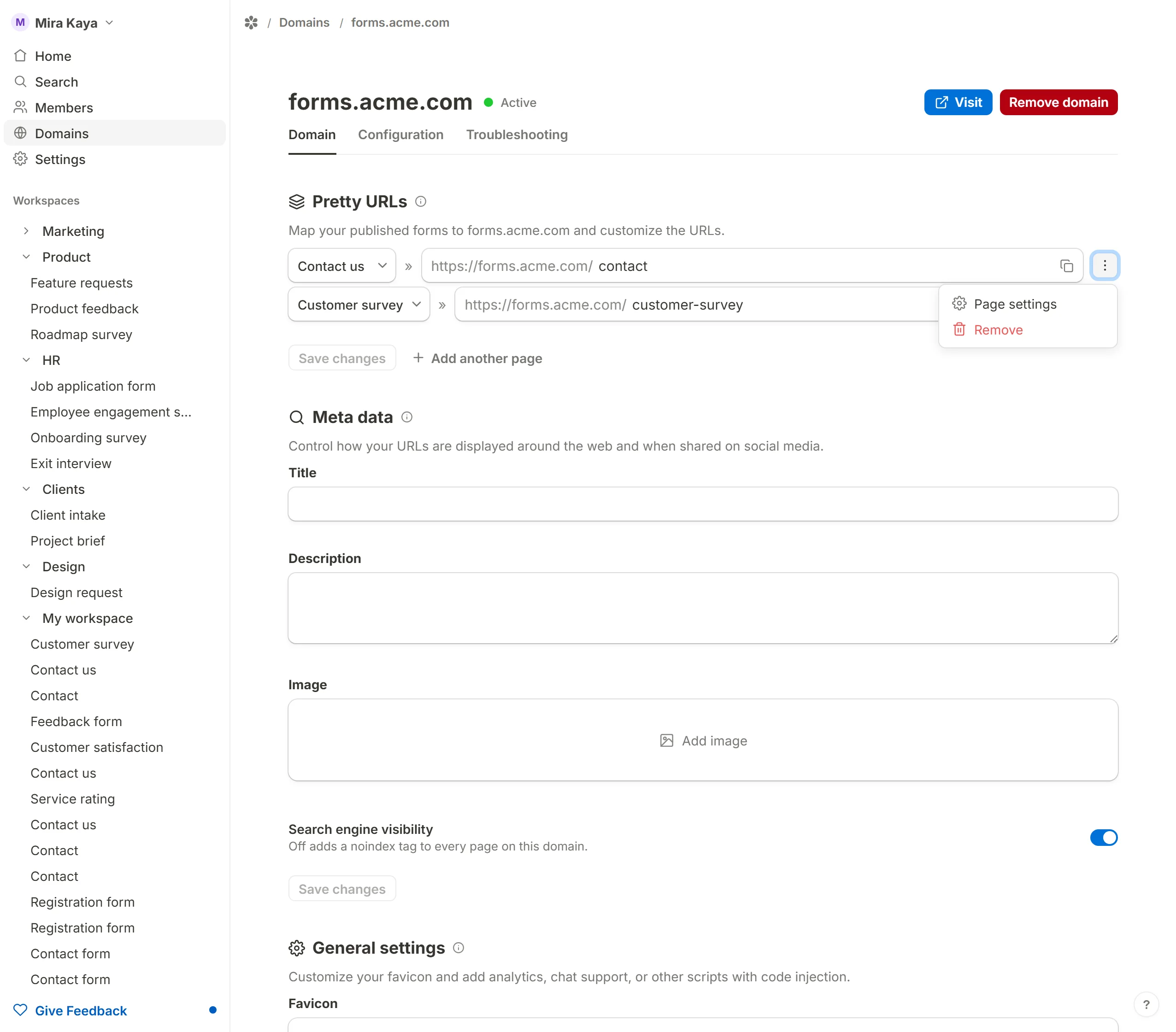 The three-dot menu on a pretty URL row, open on Page settings