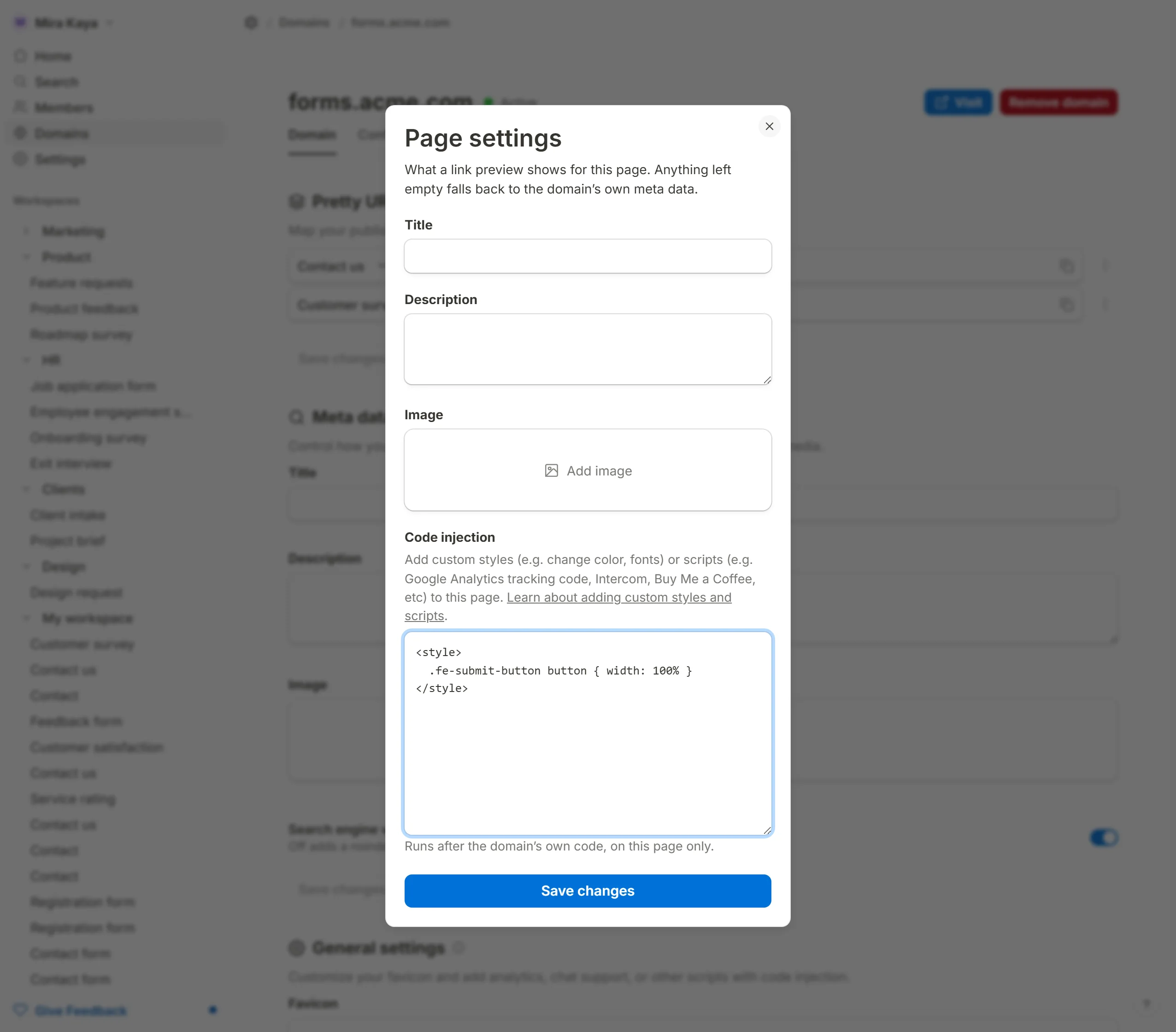 The Page settings panel, with a style block in its own Code injection box
