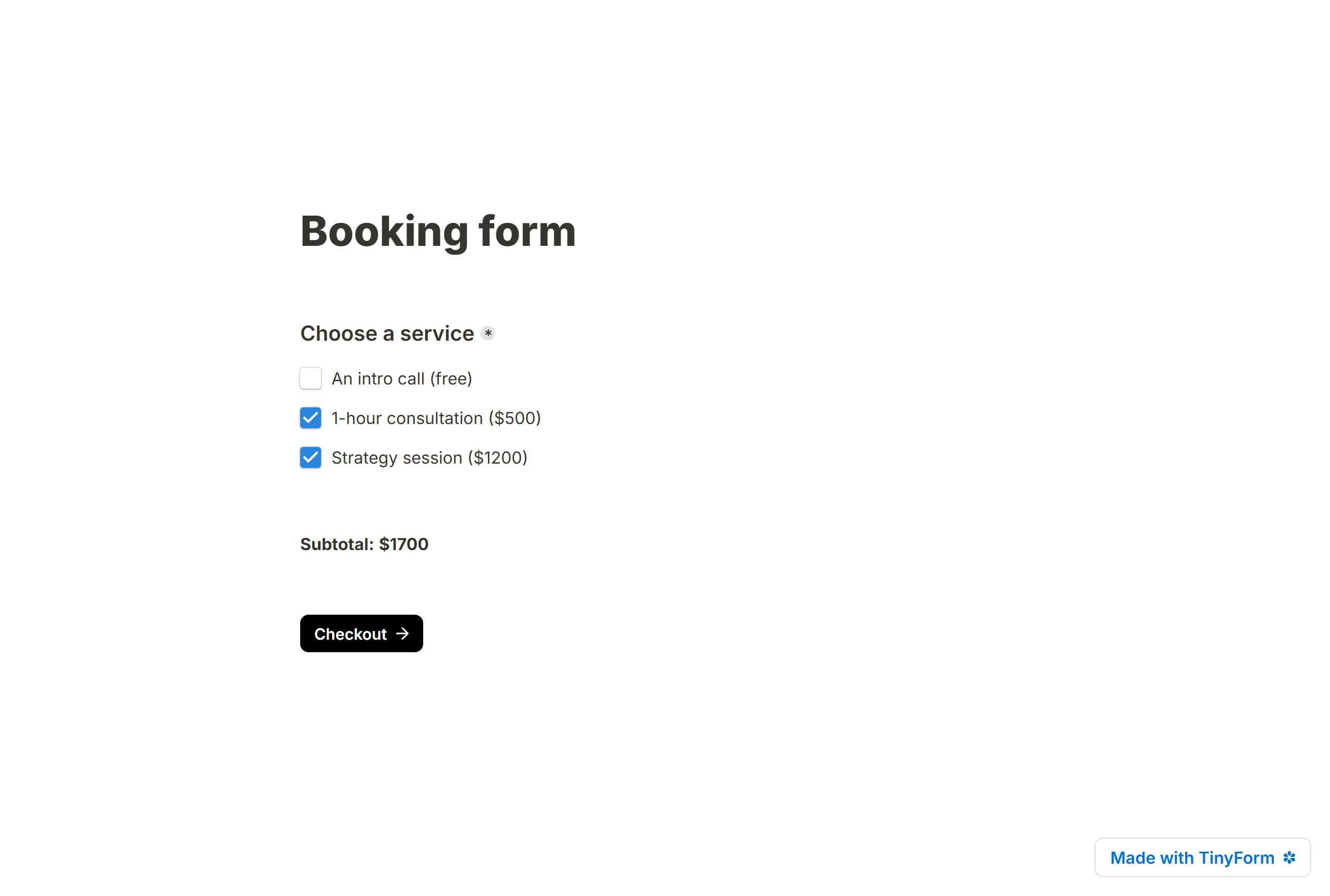 A published booking form adding two picked services into a subtotal