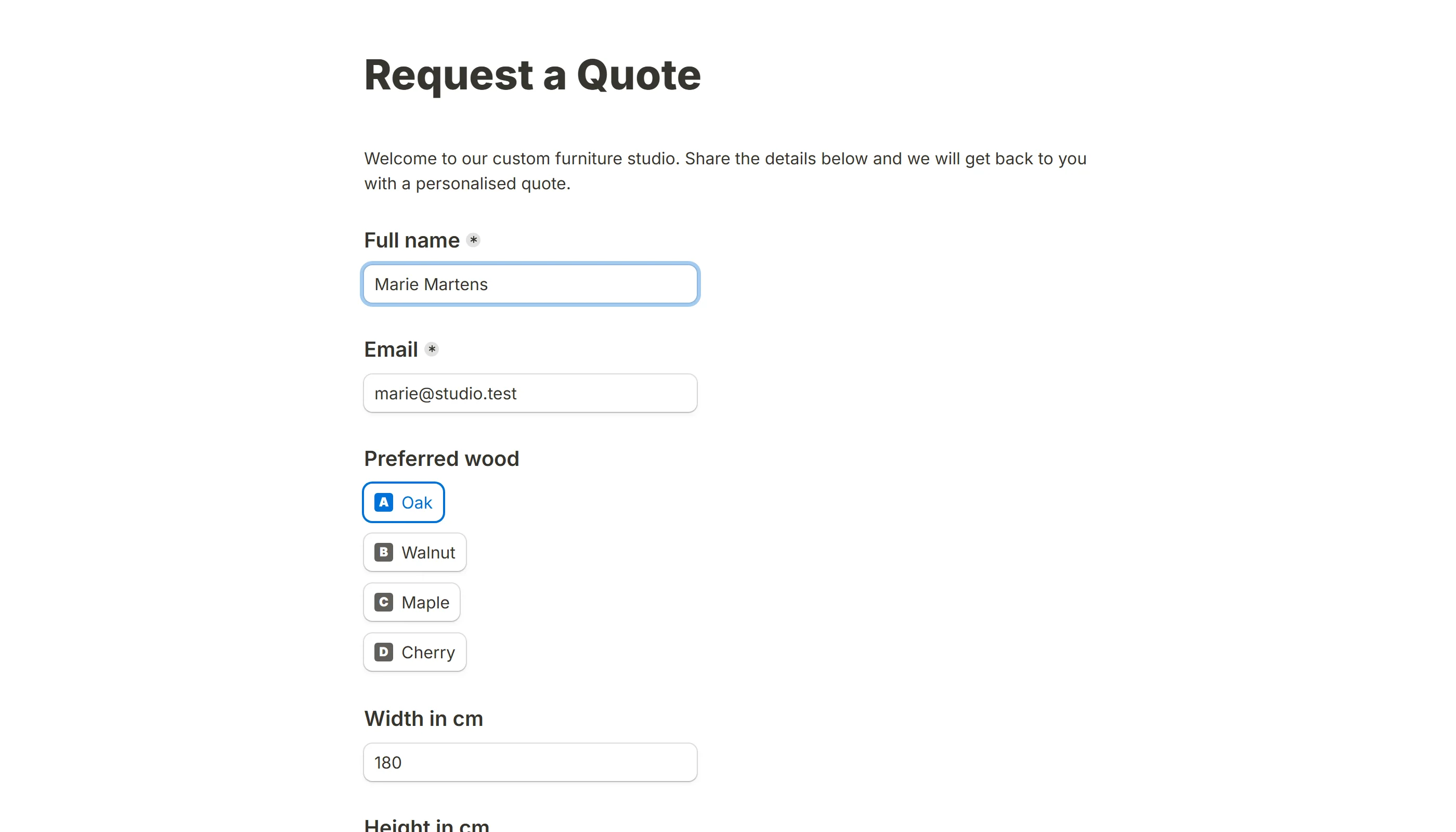 A submission printed as a PDF: the form itself with that respondent answers filled in