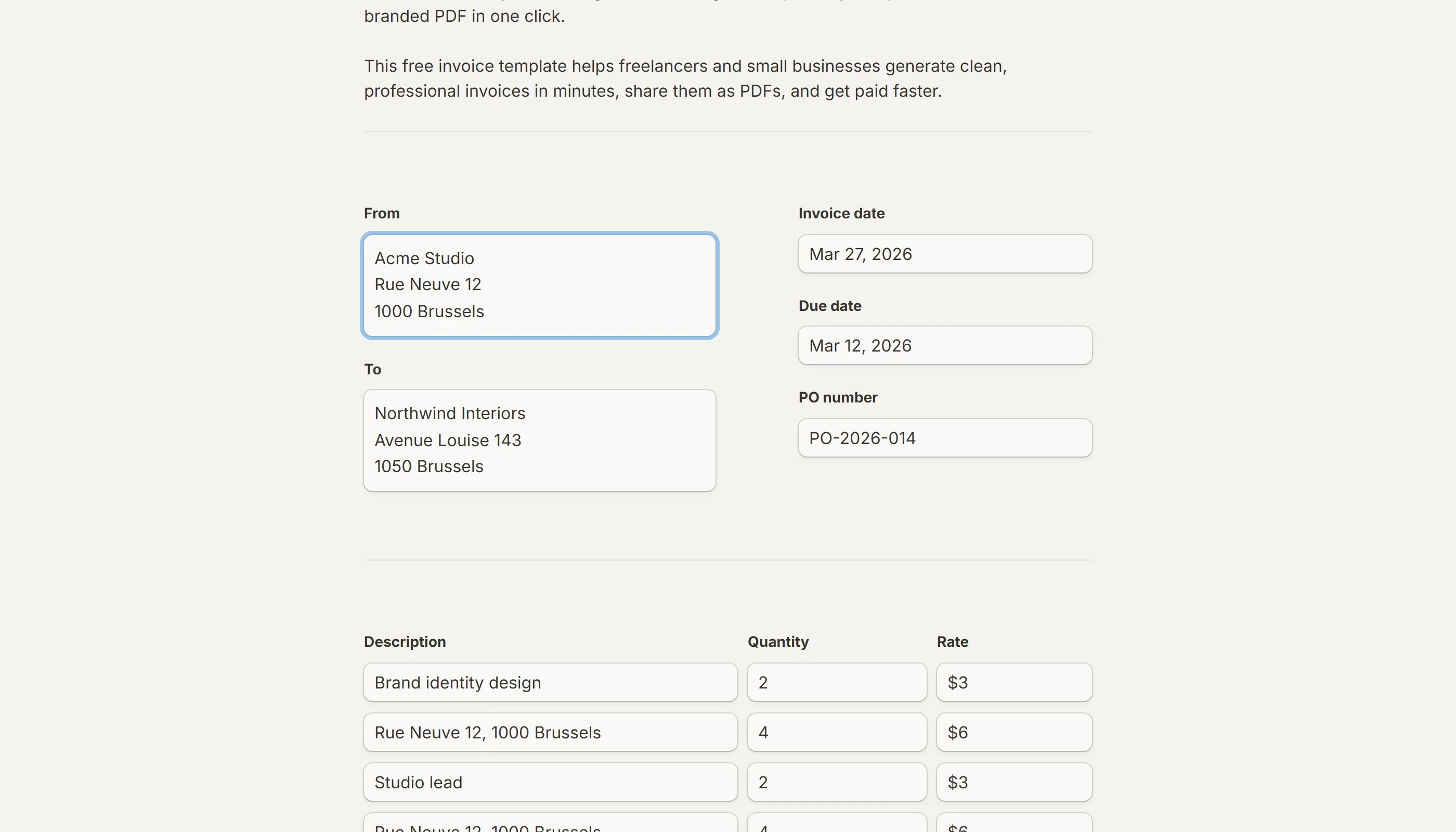 An invoice form printed as a PDF