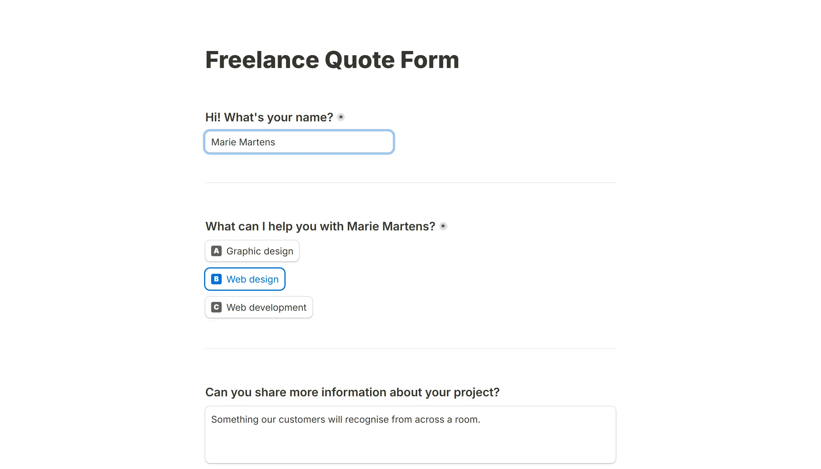 A freelance quote request printed as a PDF