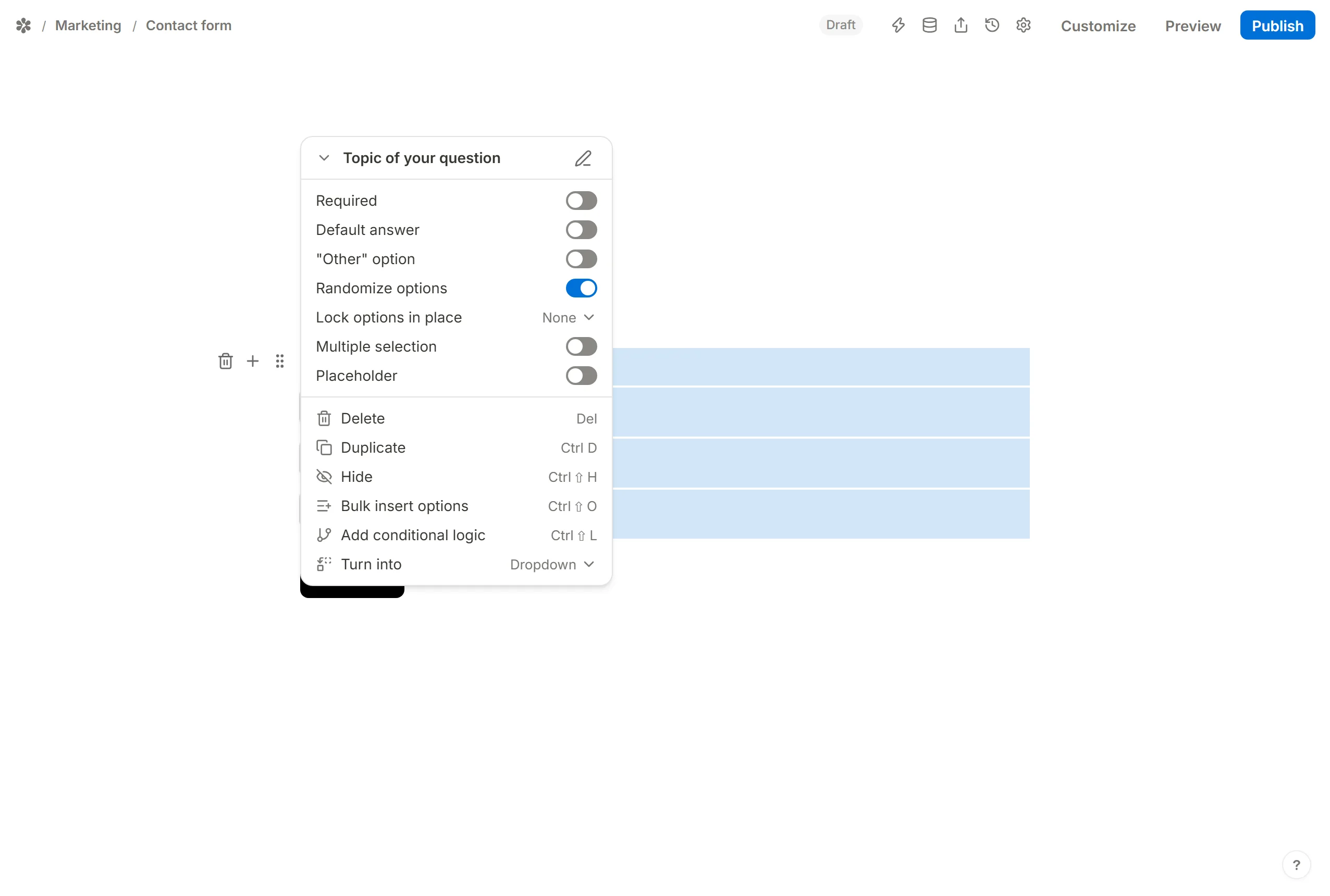 Randomize options switched on in the block's settings