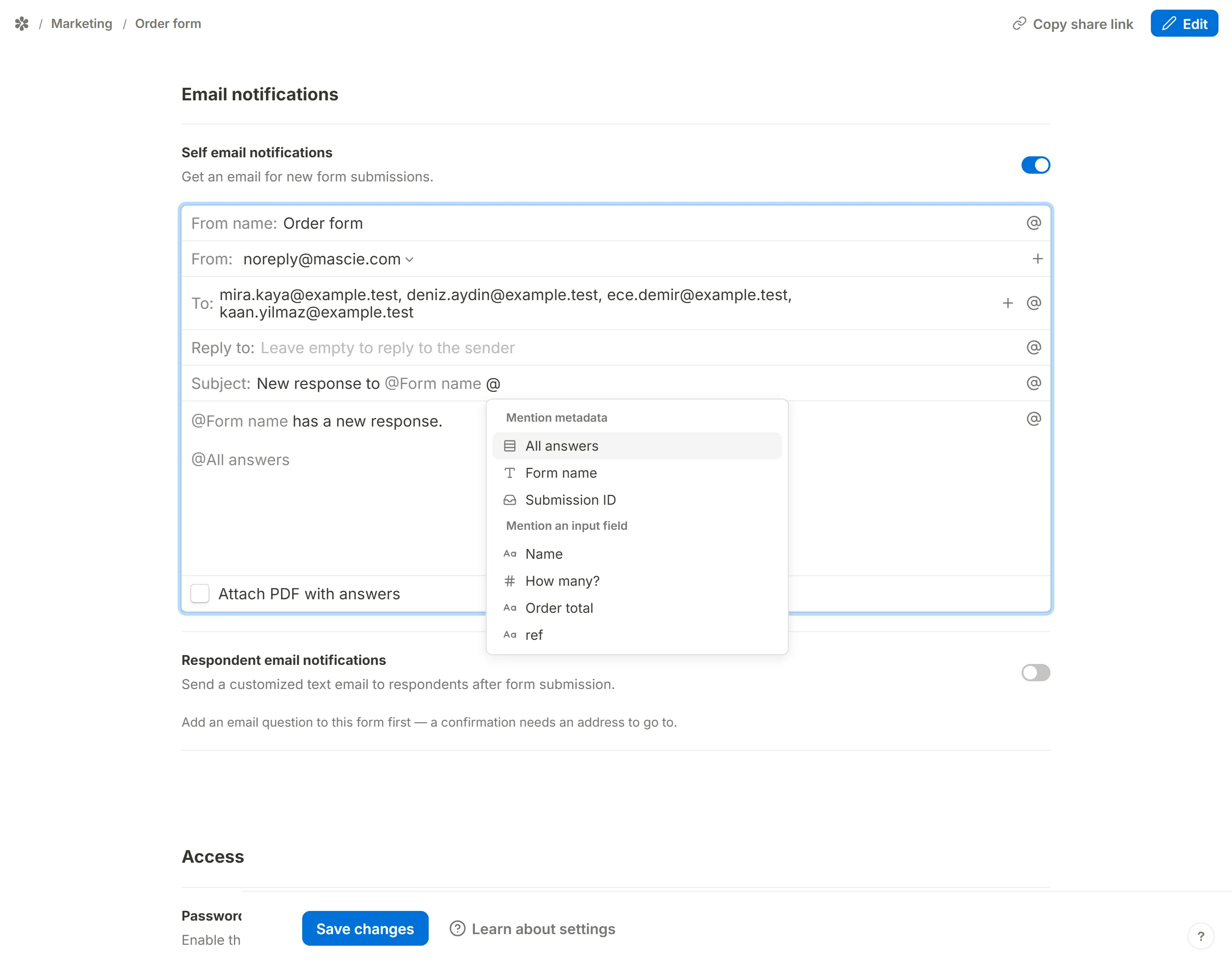 The mention menu open in the Subject field: Mention metadata over All answers, Form name and Submission ID, then Mention an input field listing the form's two questions, its calculated field and its named hidden-field row