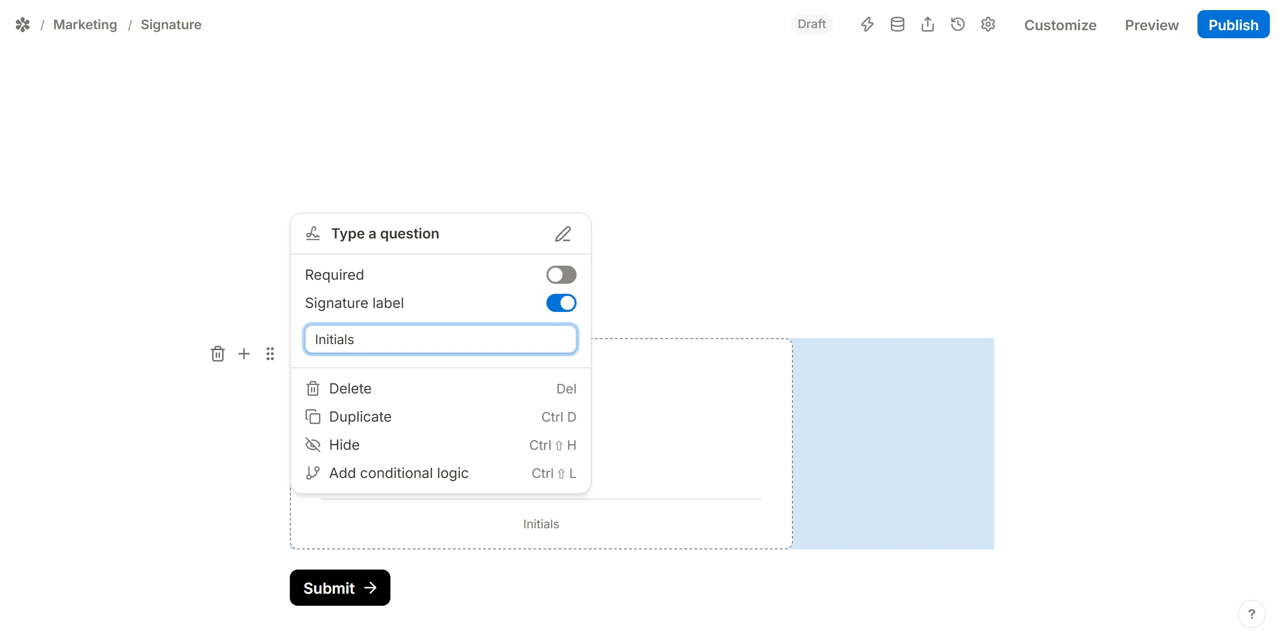 A signature label typed into the block's settings, replacing Sign here