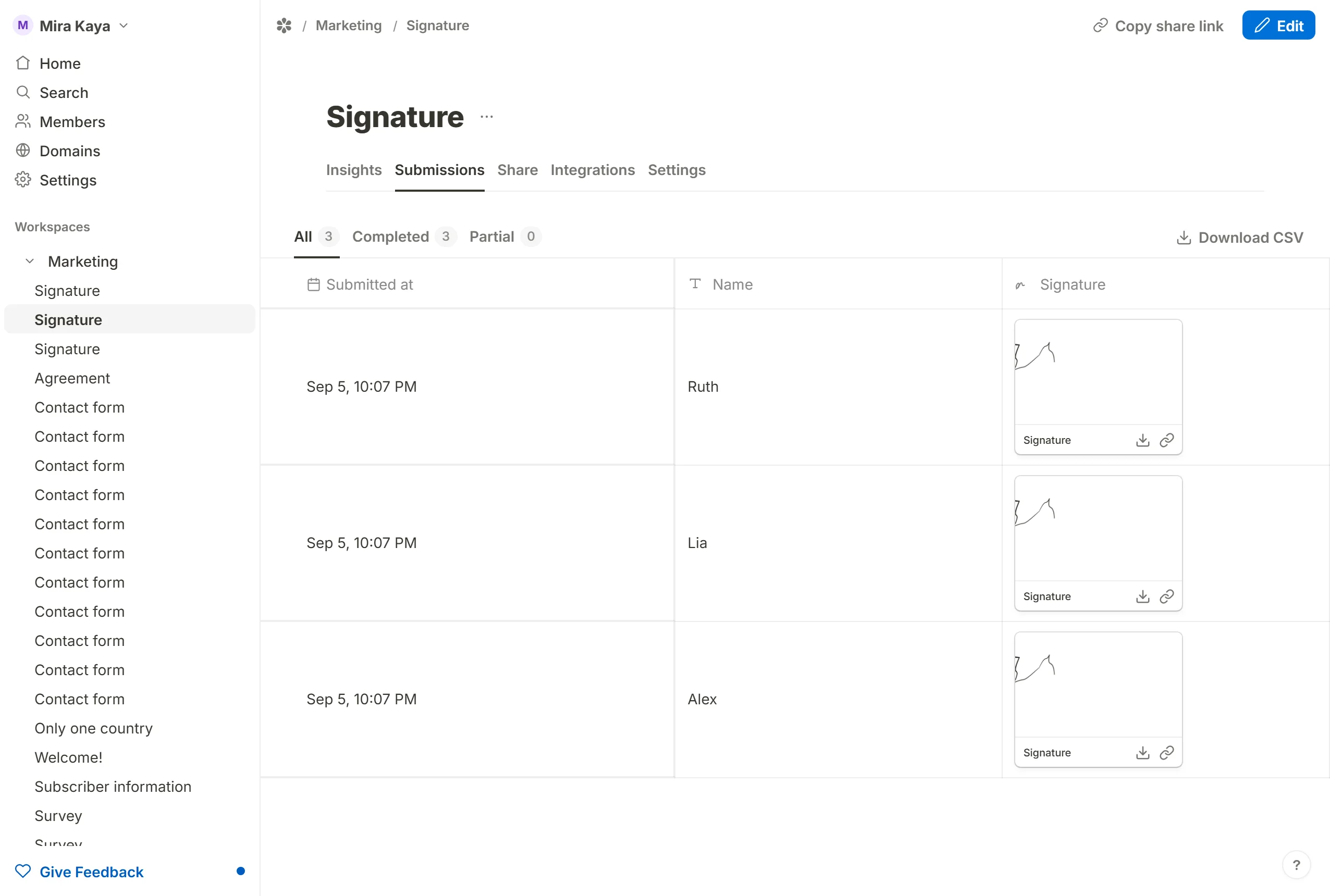 The Submissions tab drawing each signature in a column of its own