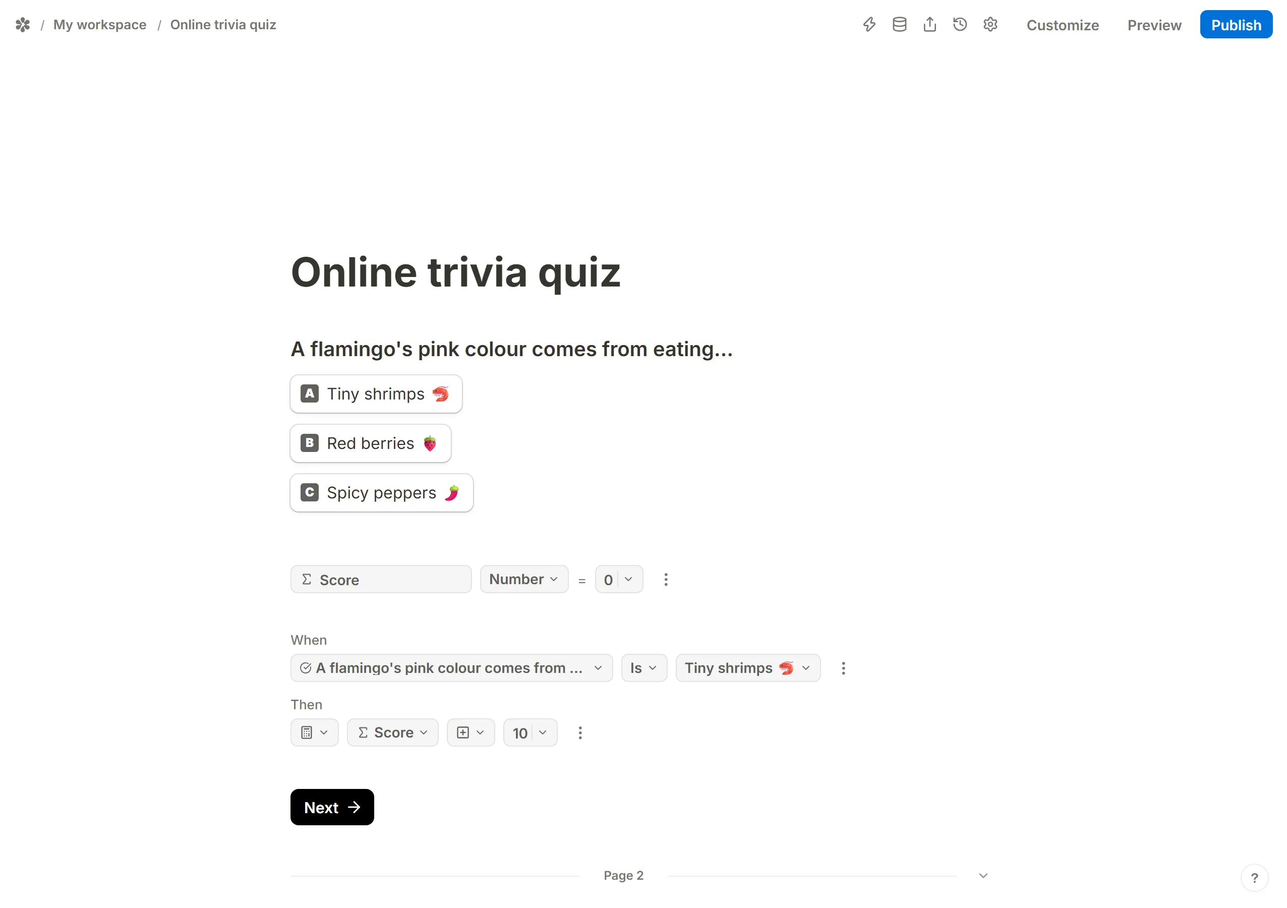The calculated field under the first question, named Score and starting at 0