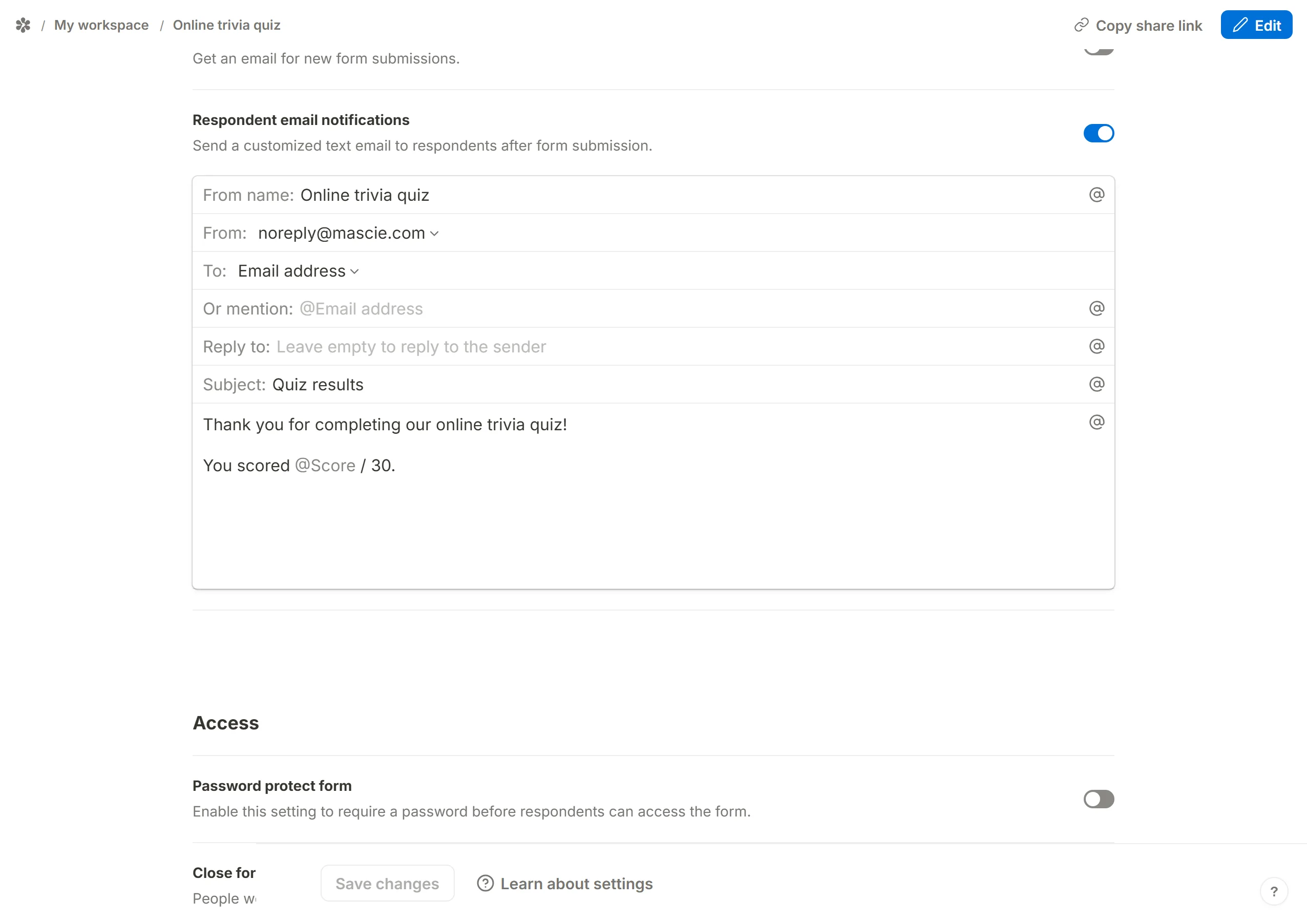 The respondent notification, its subject and body written with the score mentioned