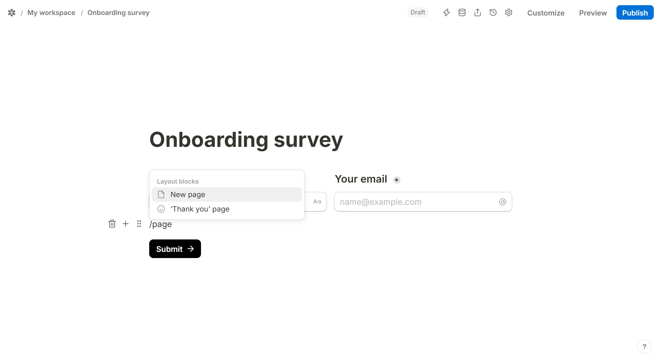 Typing /page in the editor opens the insert menu with New page at the top