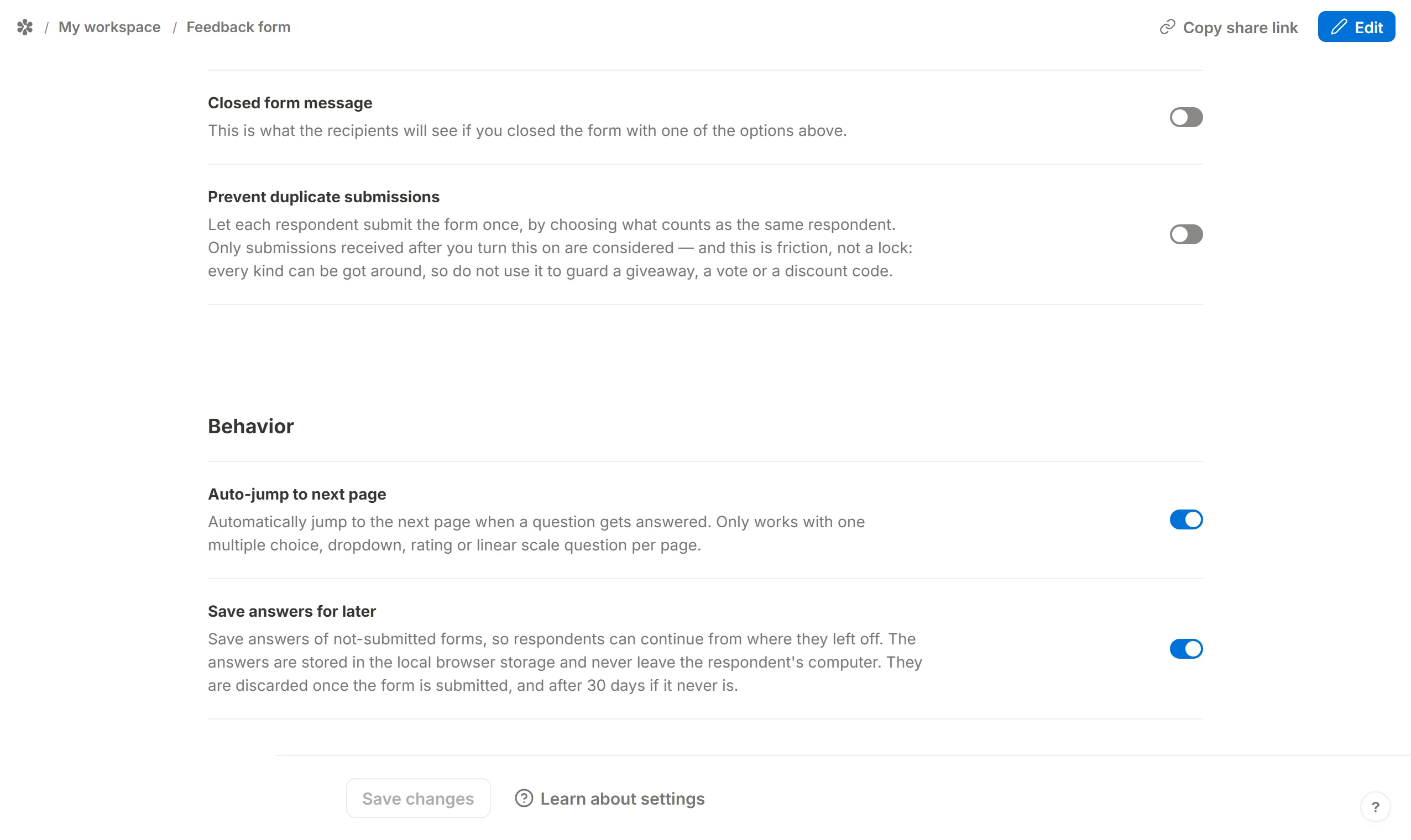 The Auto-jump to next page switch in the Behavior section of a form’s Settings tab