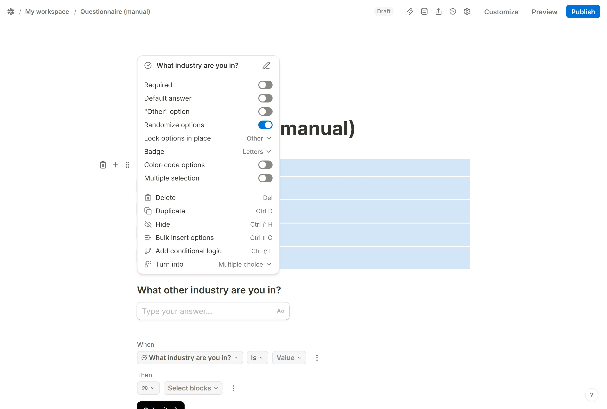 With Randomize options on, a Lock options in place row holding Other