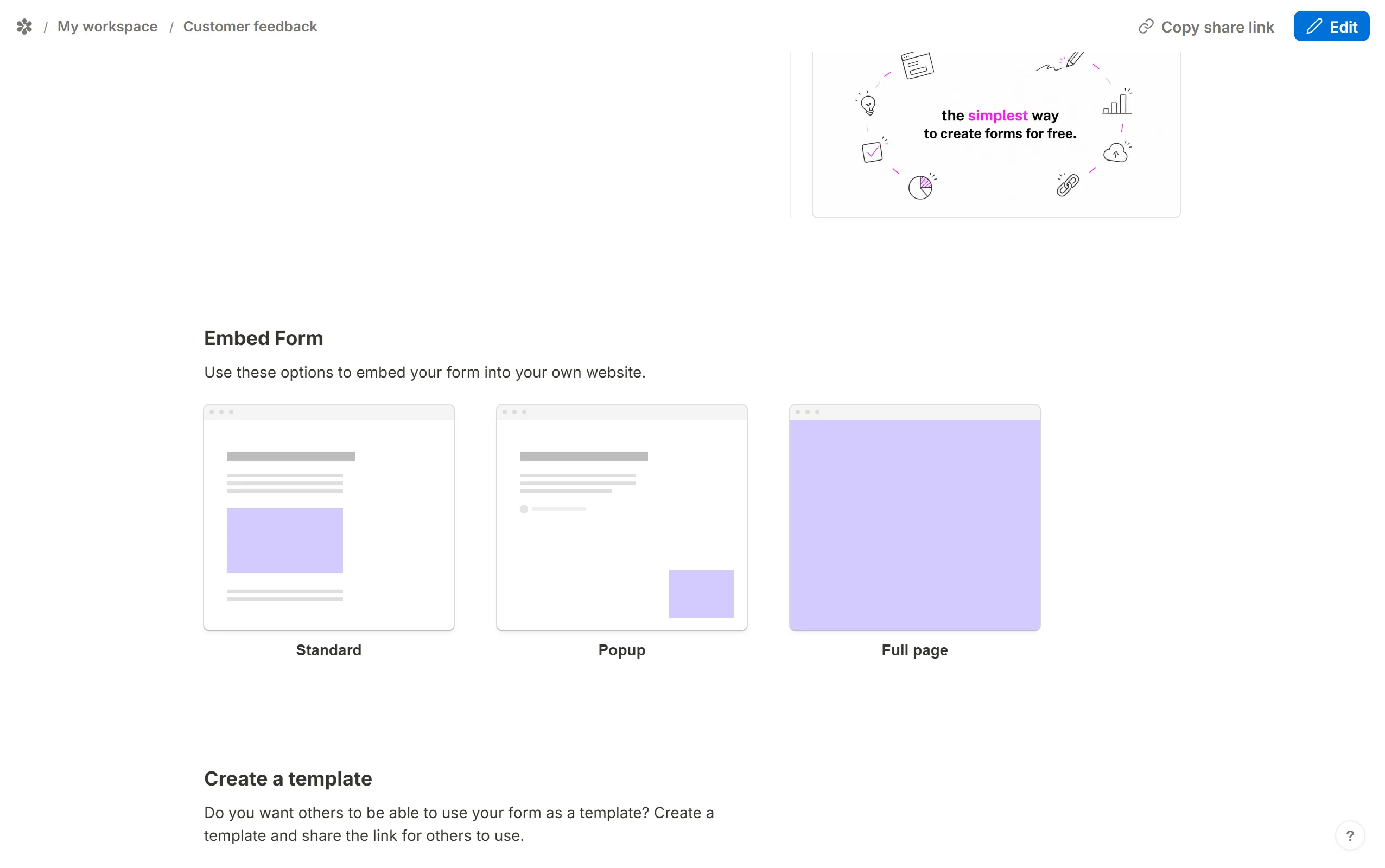 The Share tab's Embed Form cards, with Standard boxed