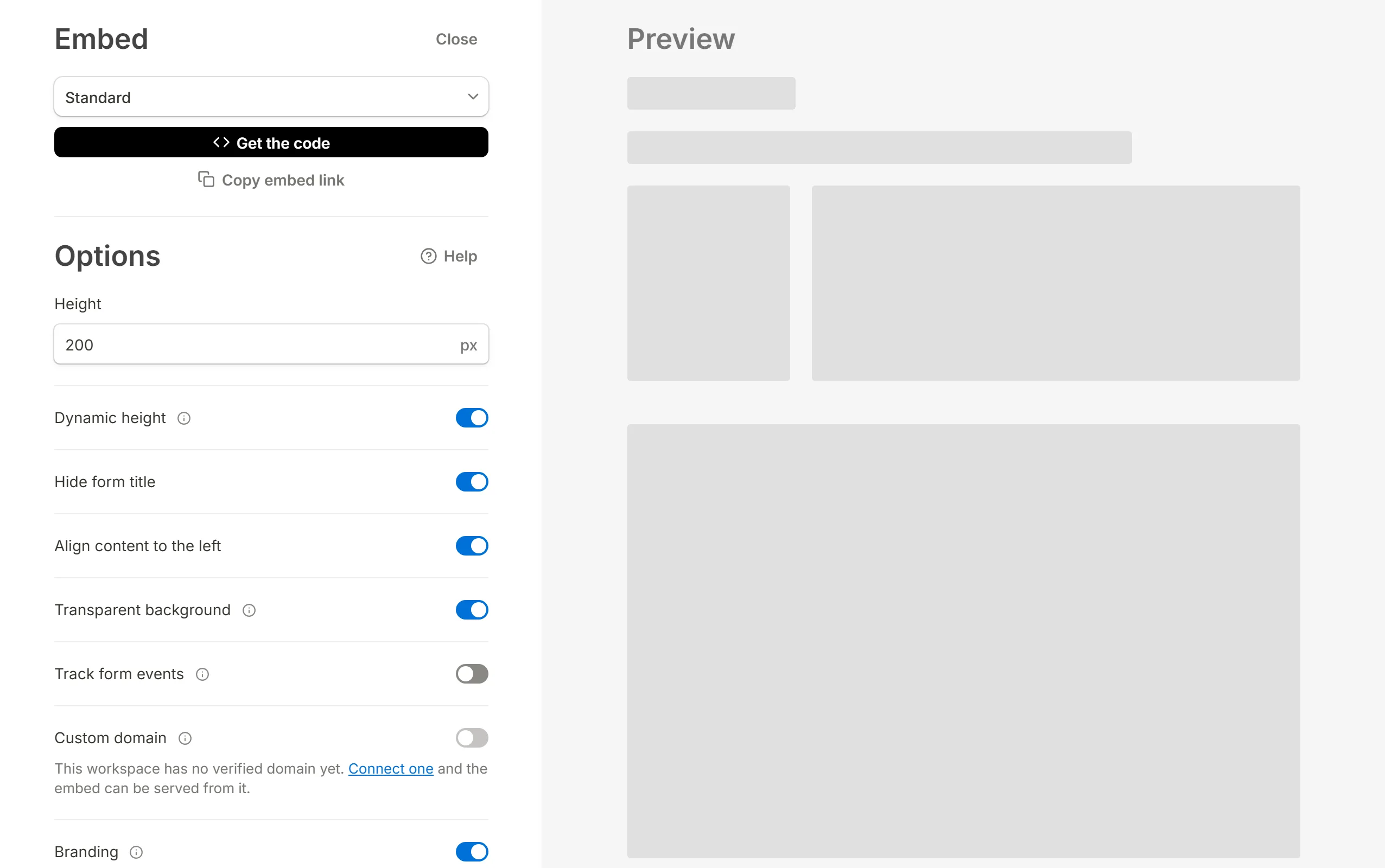 The Standard embed dialog: its options on the left, a live preview on the right