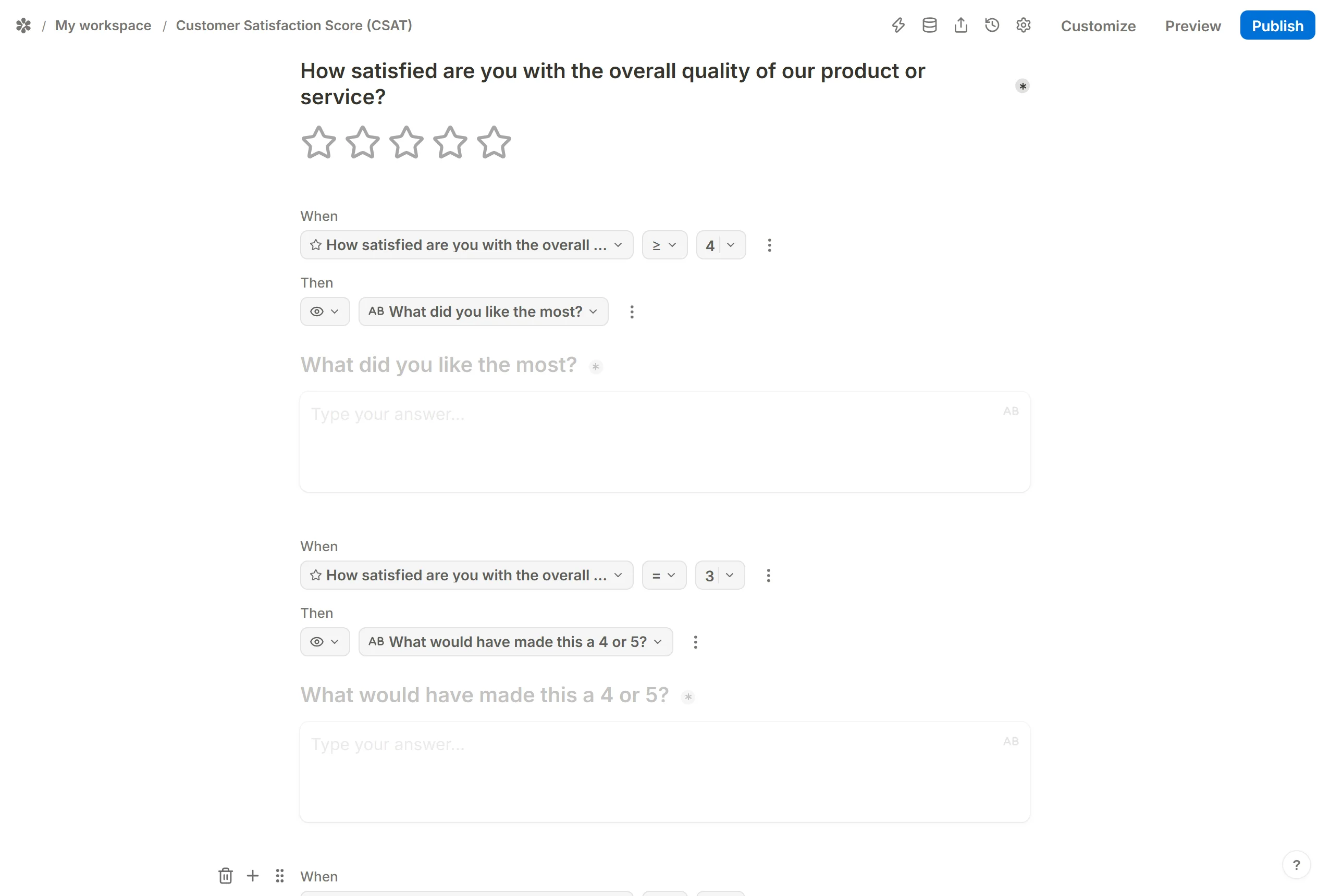 The editor showing the rating question with three conditional logic rules under it, each revealing one hidden Long answer follow-up.