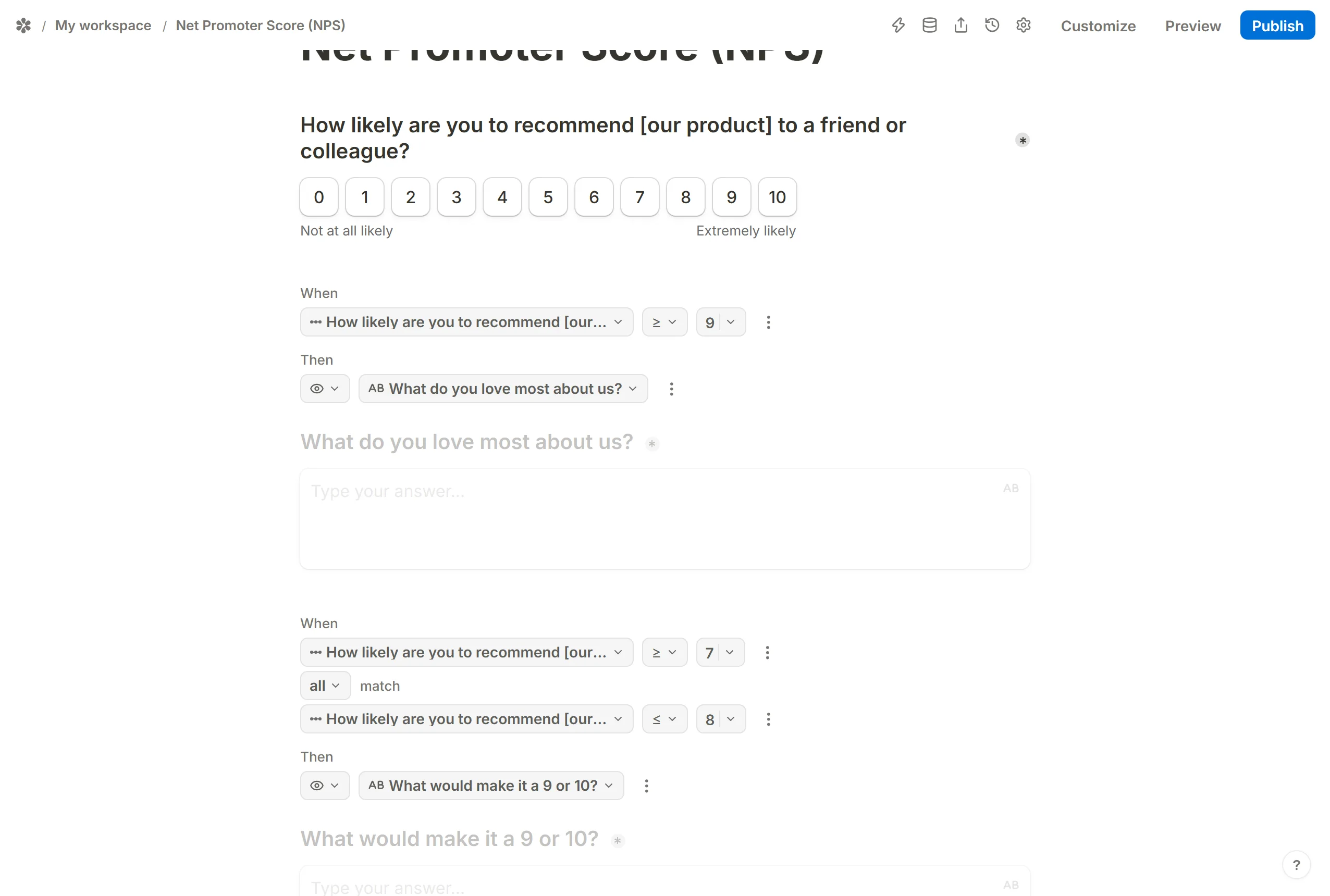 The editor showing the scale question with three conditional logic rules under it, each revealing one hidden Long answer follow-up.
