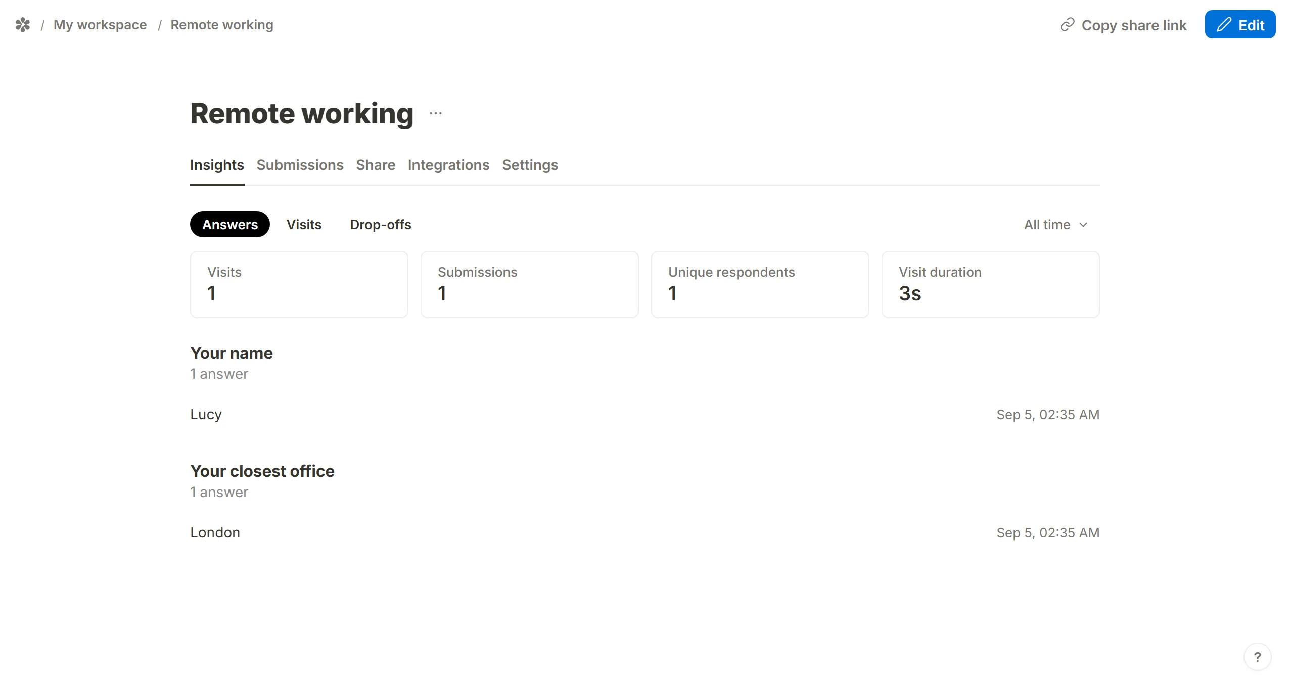 The form's Insights tab, each question listed under its field name.