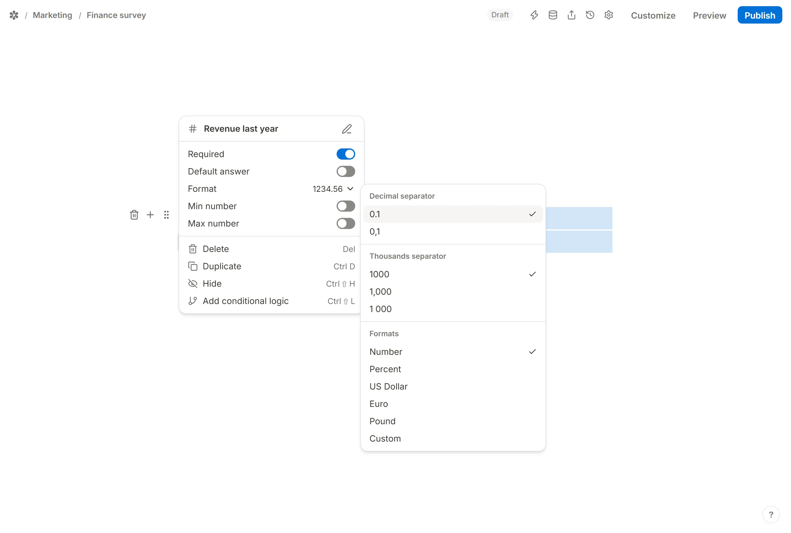 Decimal separator and Thousands separator picked in the block's settings