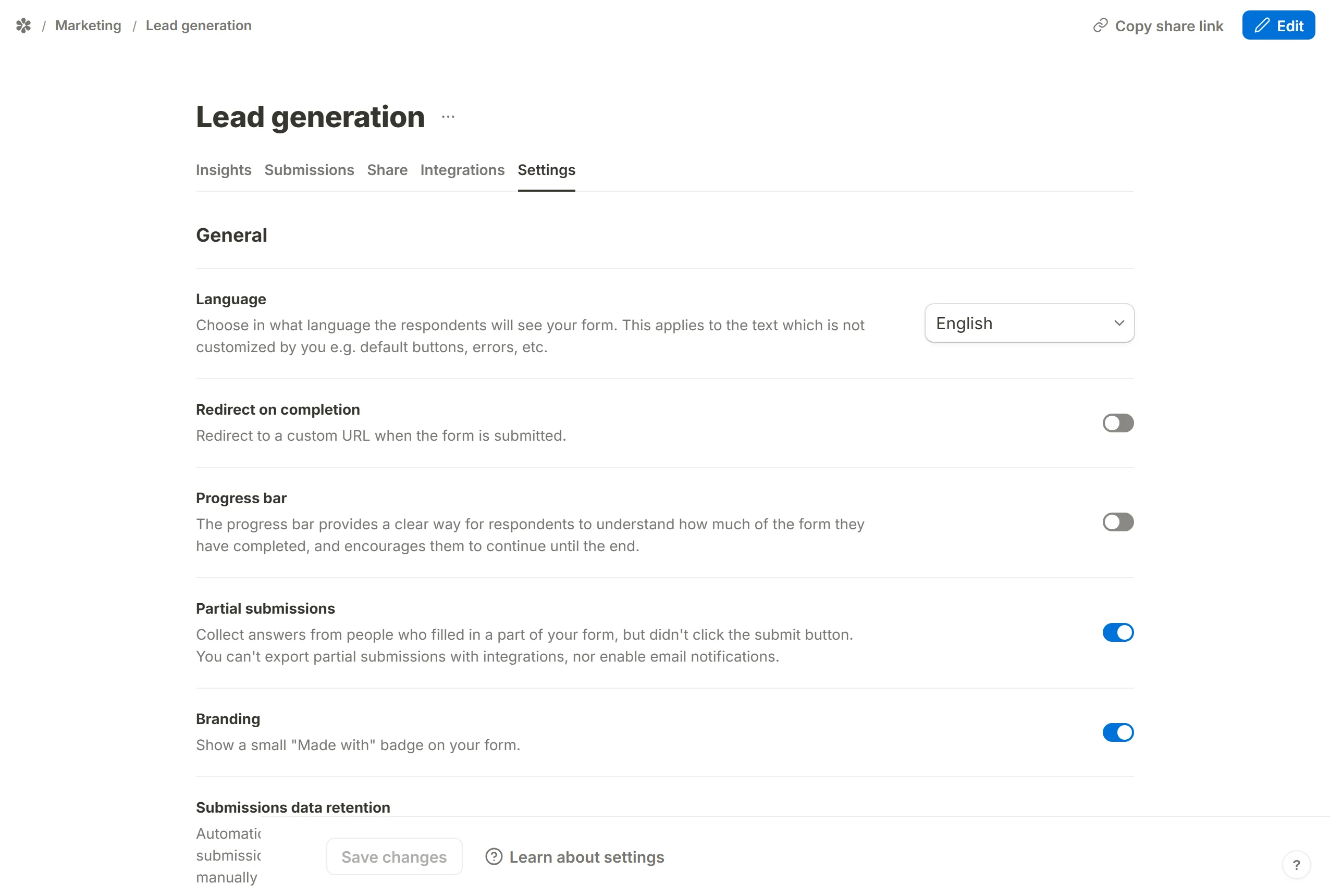 Partial submissions switched on under General on the Settings tab