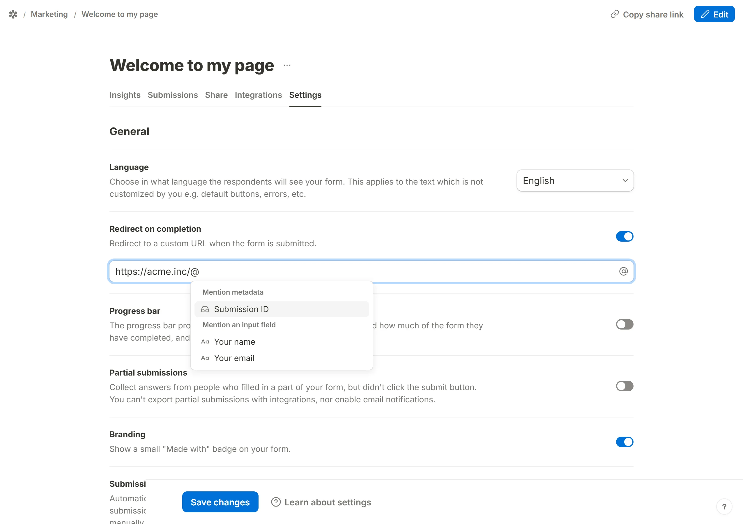 The mention menu open in the redirect box