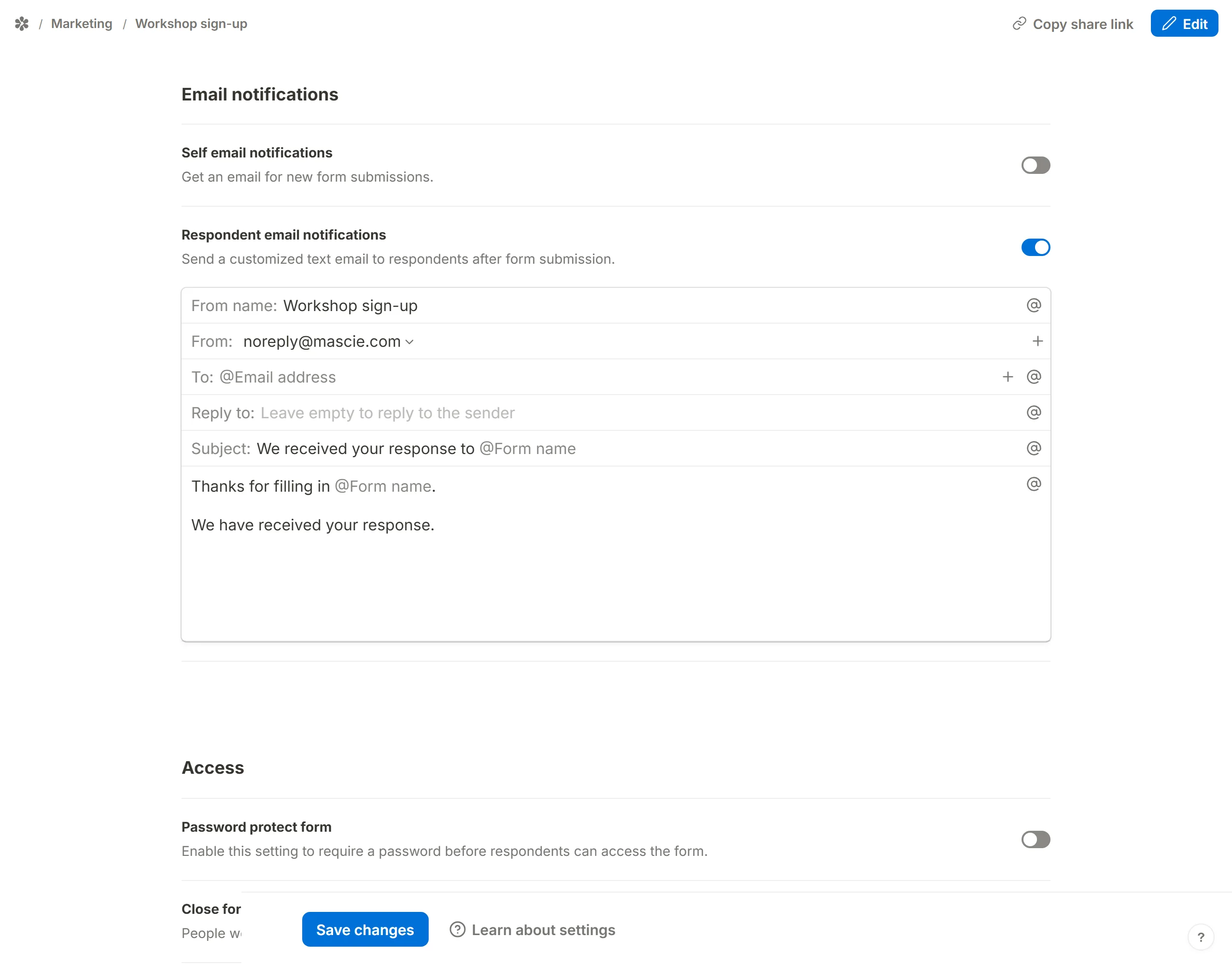 Respondent email notifications switched on, with To: already holding the form's email question as a mention