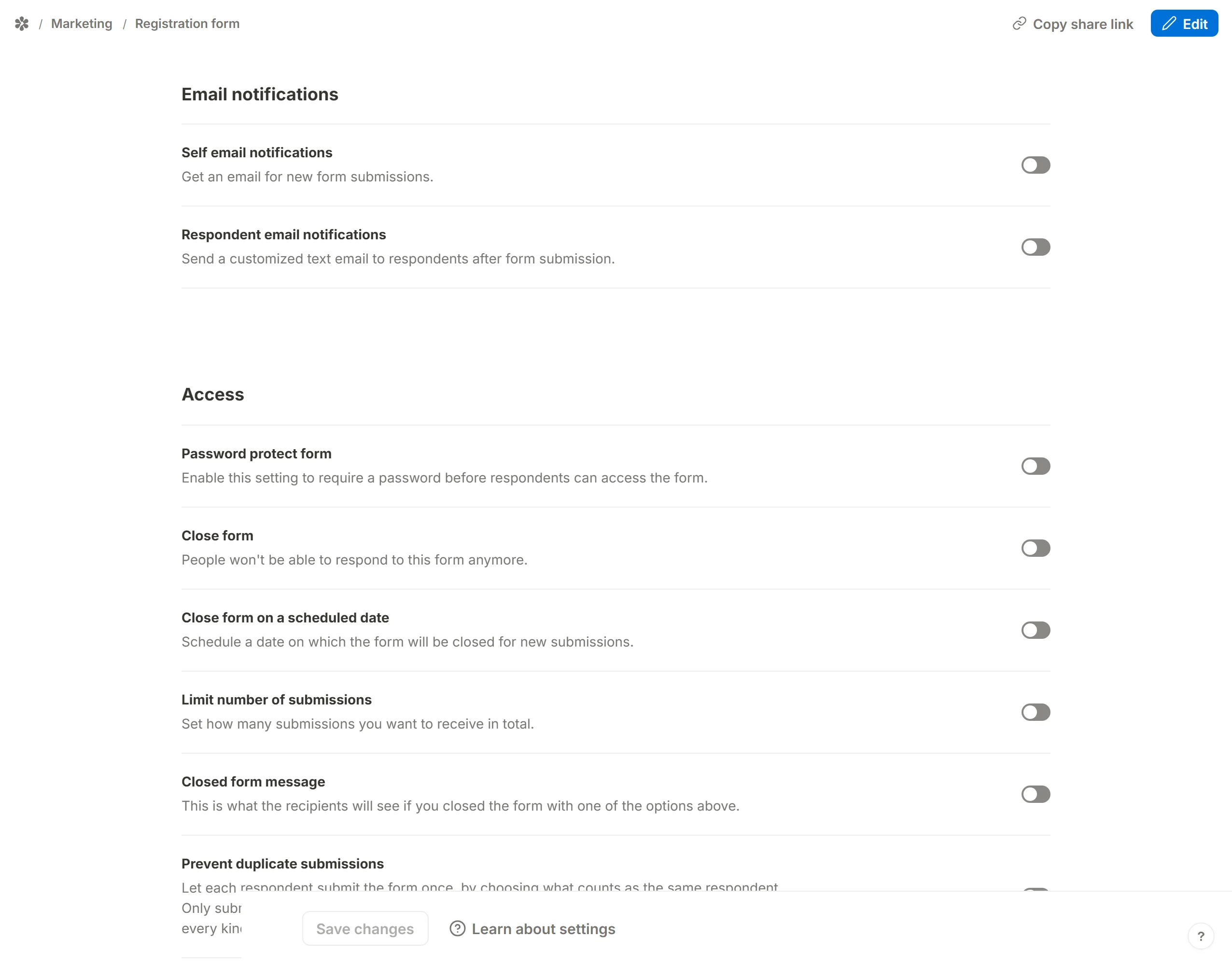 The Email notifications section of a form's Settings tab, with the Self email notifications switch off