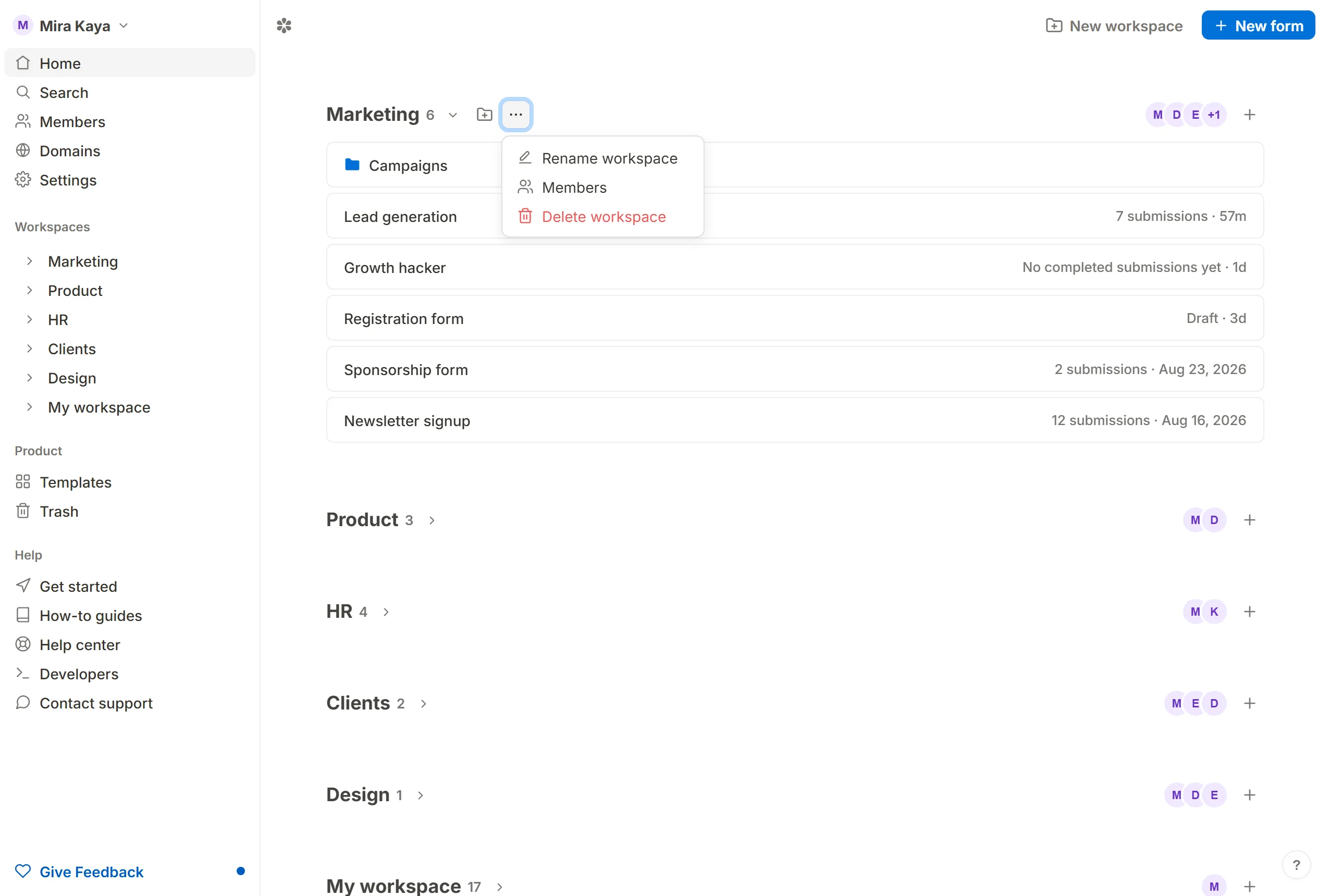The … menu on a workspace heading, showing Rename workspace, Members and Delete workspace