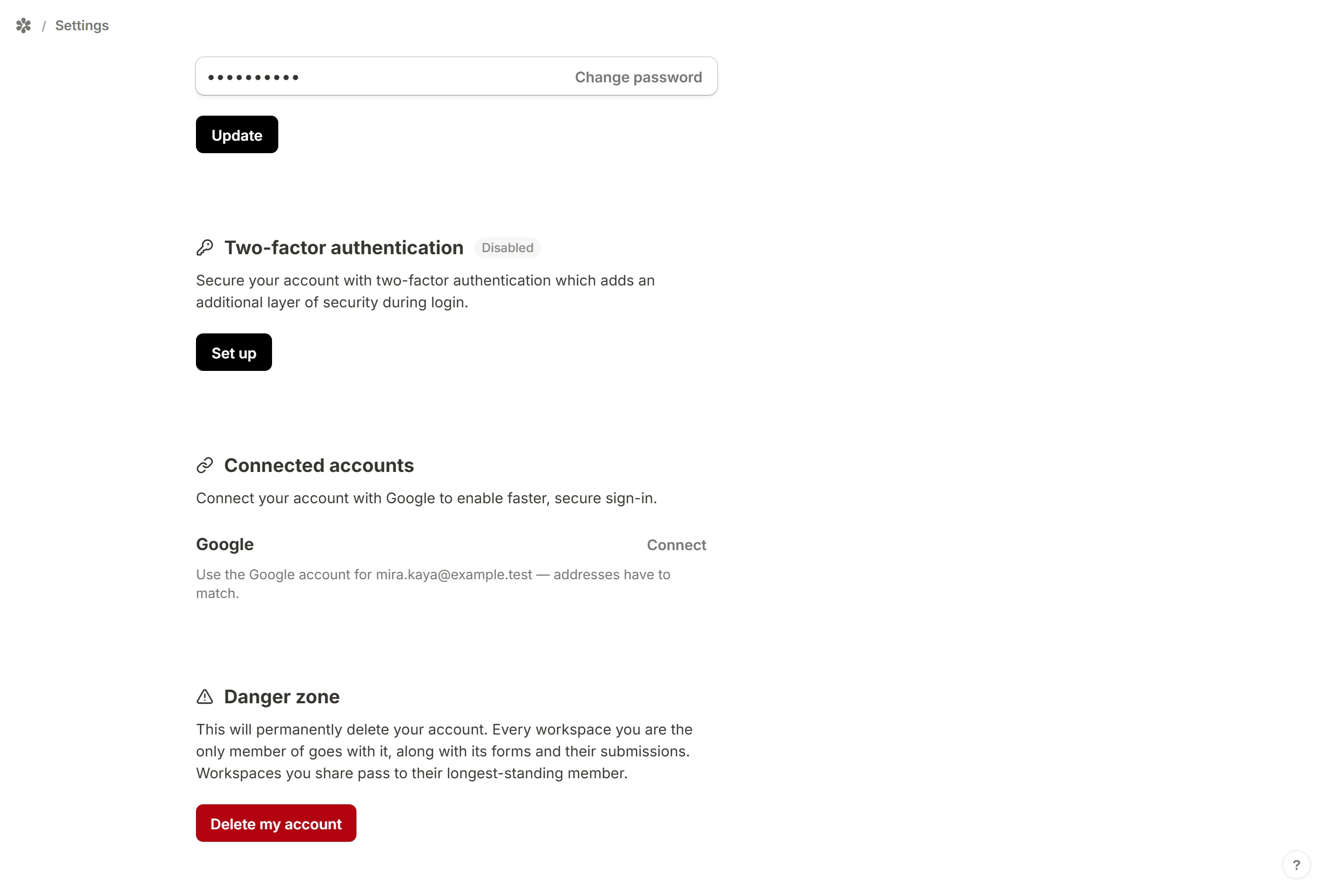The Two-factor authentication section, disabled, with Set up boxed